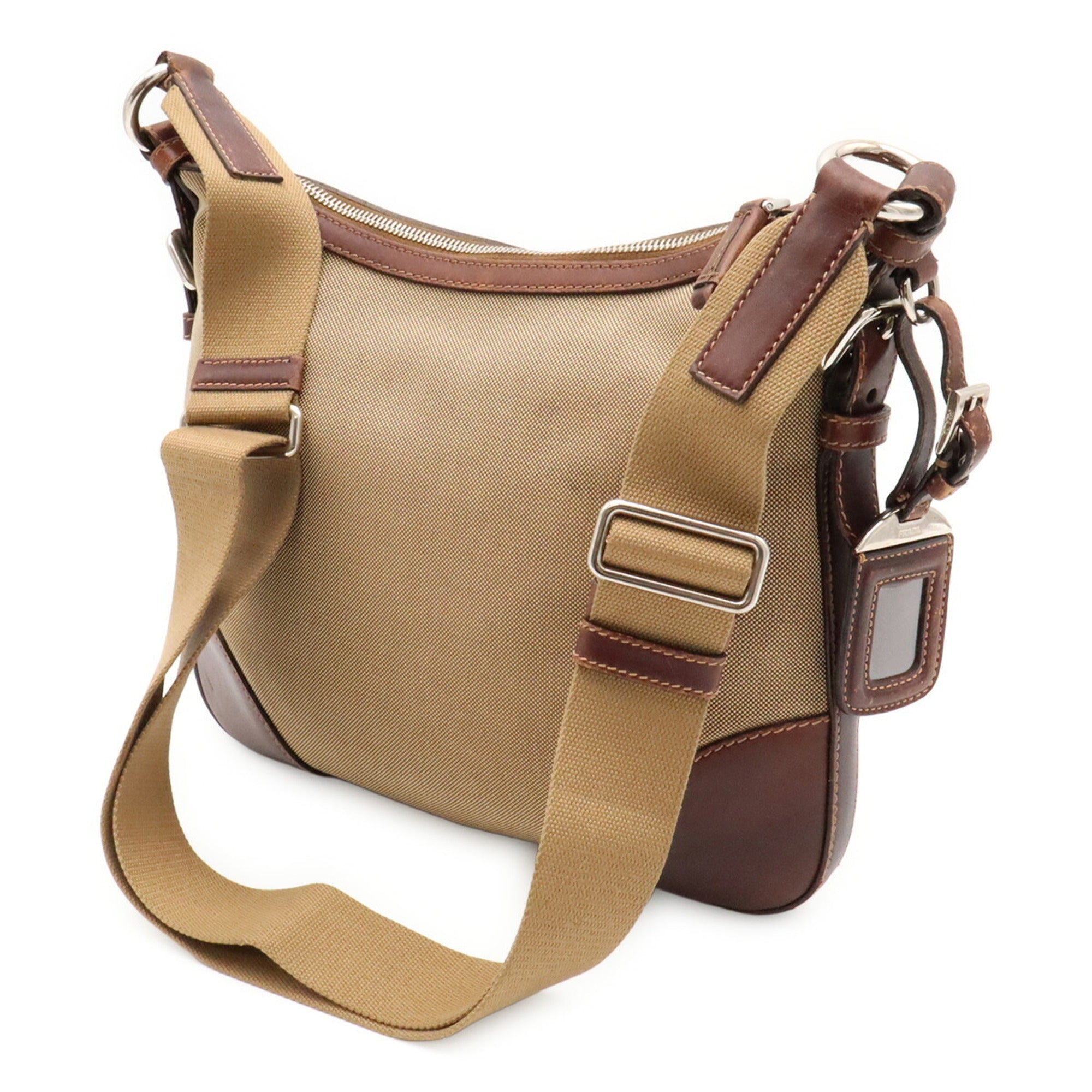 Prada Beige Dark Brown Khaki Canvas Leather Shoulder Bag (Pre-Owned)