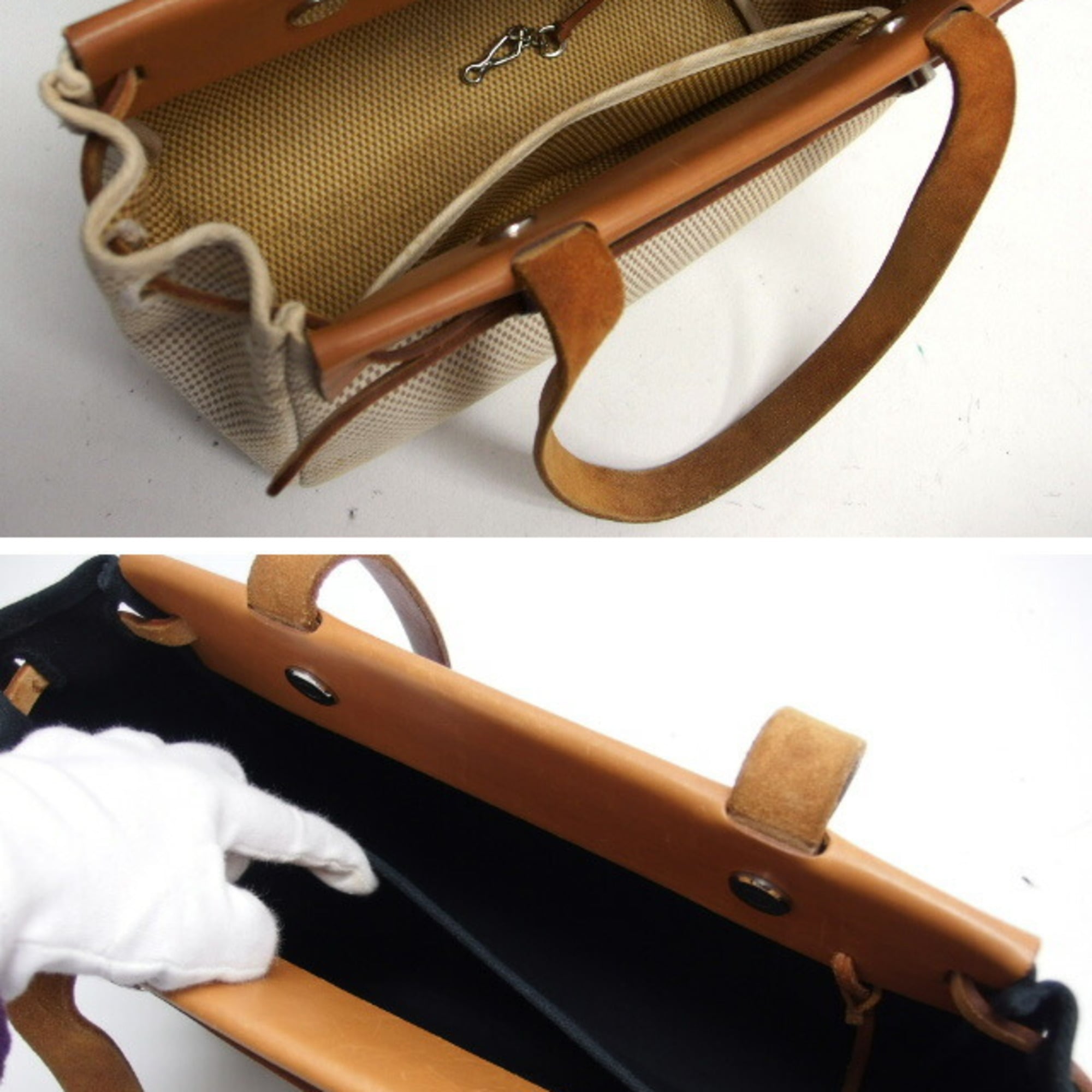 Hermes Beige Black Brown Canvas Leather Handbag Shoulder Bag Tote Bag (Pre-Owned)
