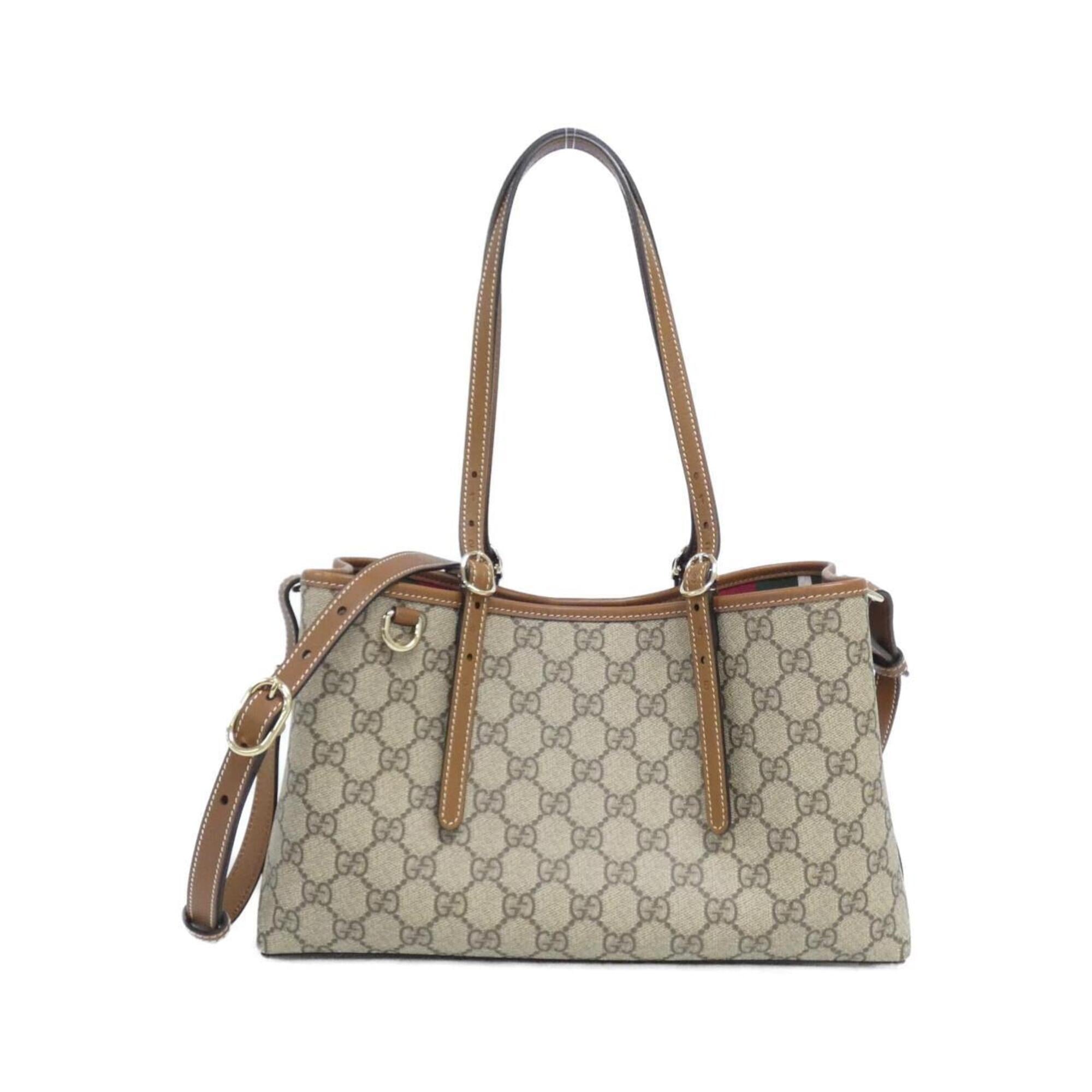 Gucci Beige Dark Brown Coated Canvas Leather Handbag (Pre-Owned)