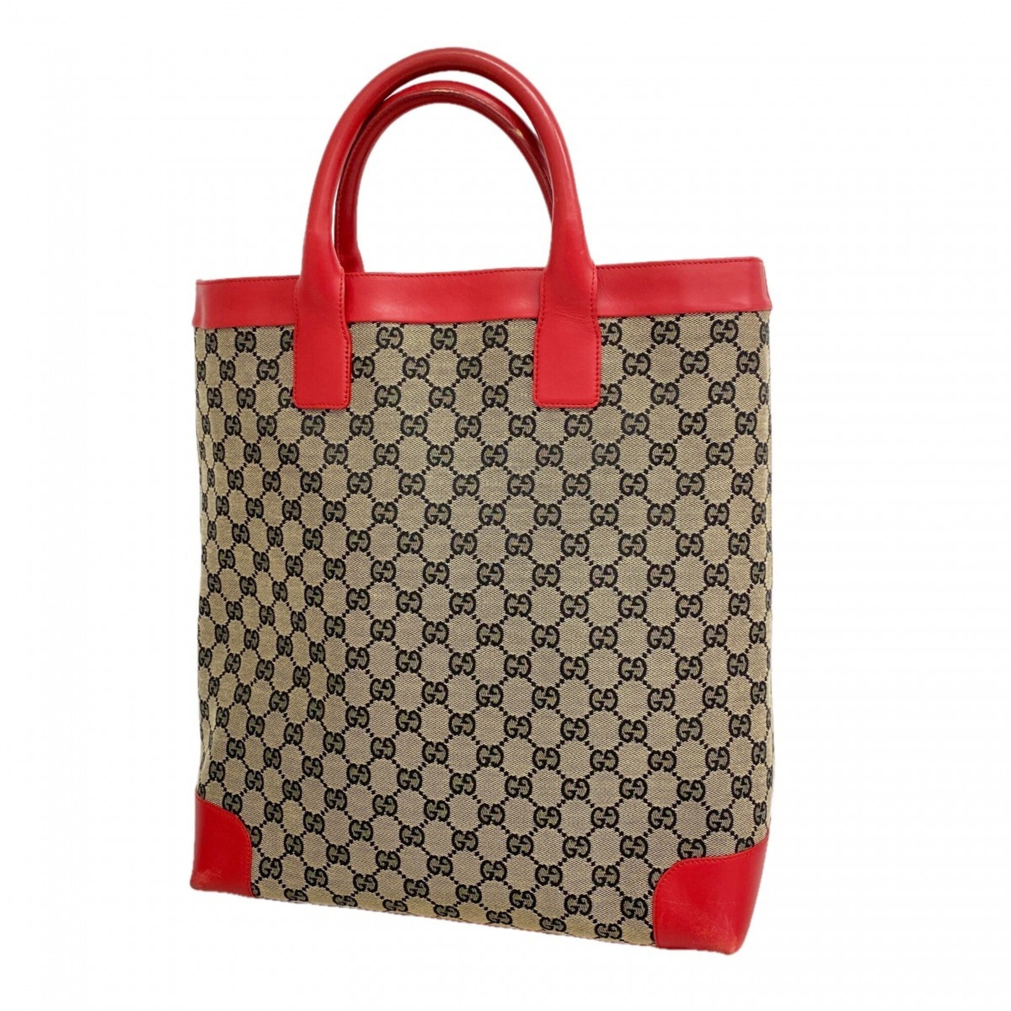 Gucci Beige Red Color Canvas Tote Bag (Pre-Owned)
