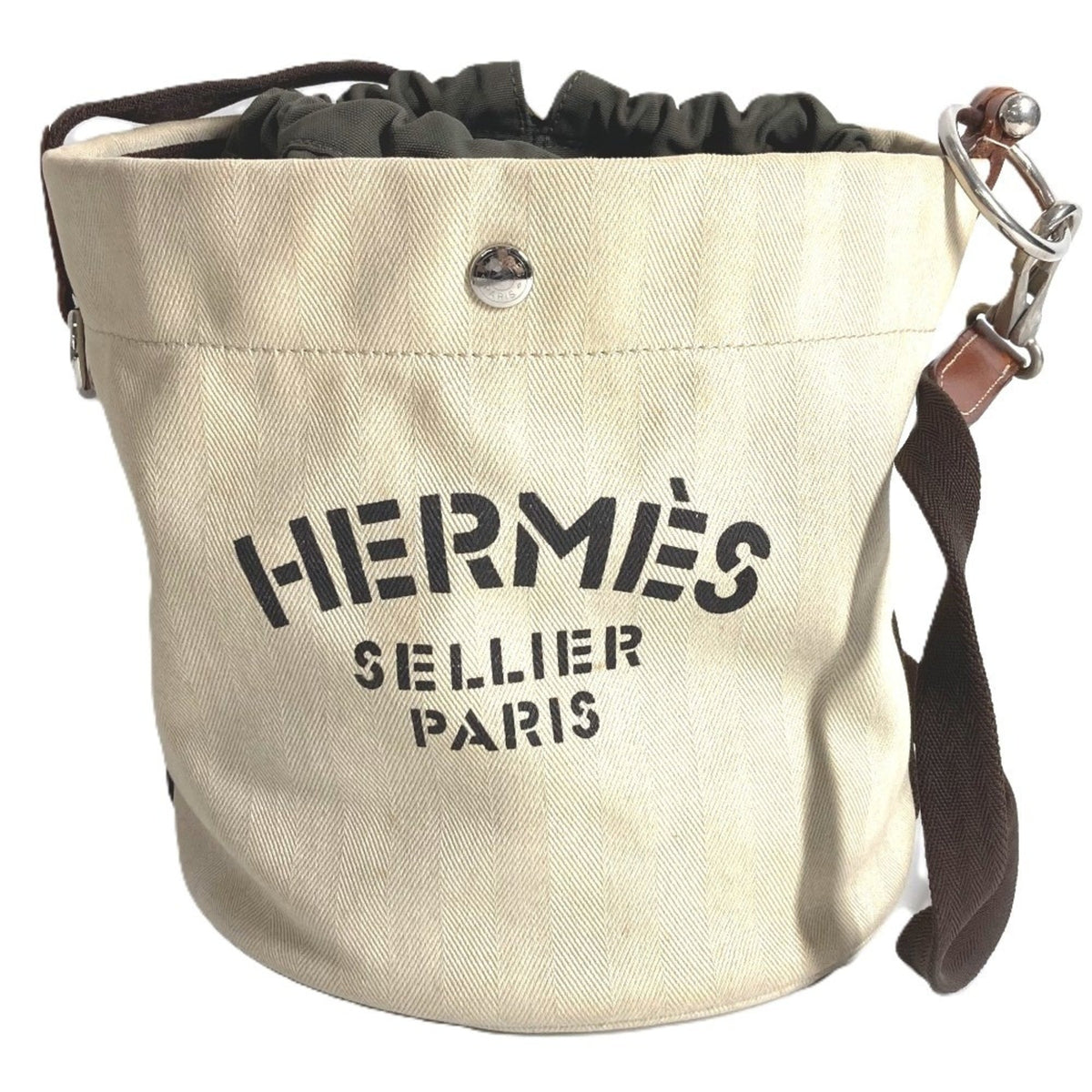 Hermes Beige Leather Canvas Handbag Shoulder Bag (Pre-Owned)