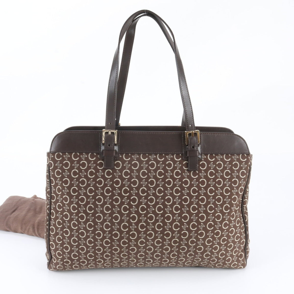 Celine Dark Brown Leather Canvas Handbag Shoulder Bag Tote Bag (Pre-Owned)