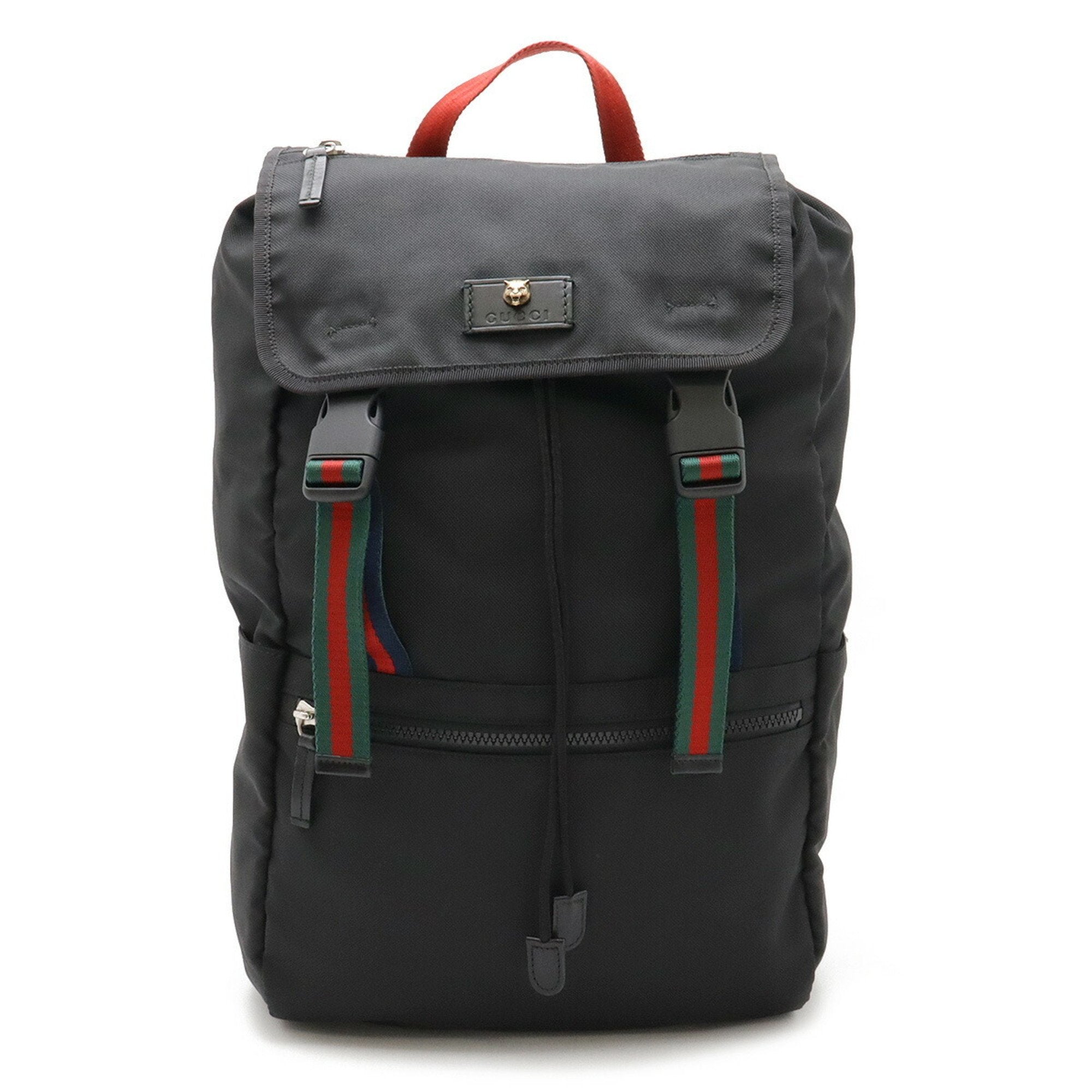 Gucci Black Green Navy Red Color Leather Canvas Backpack (Pre-Owned)