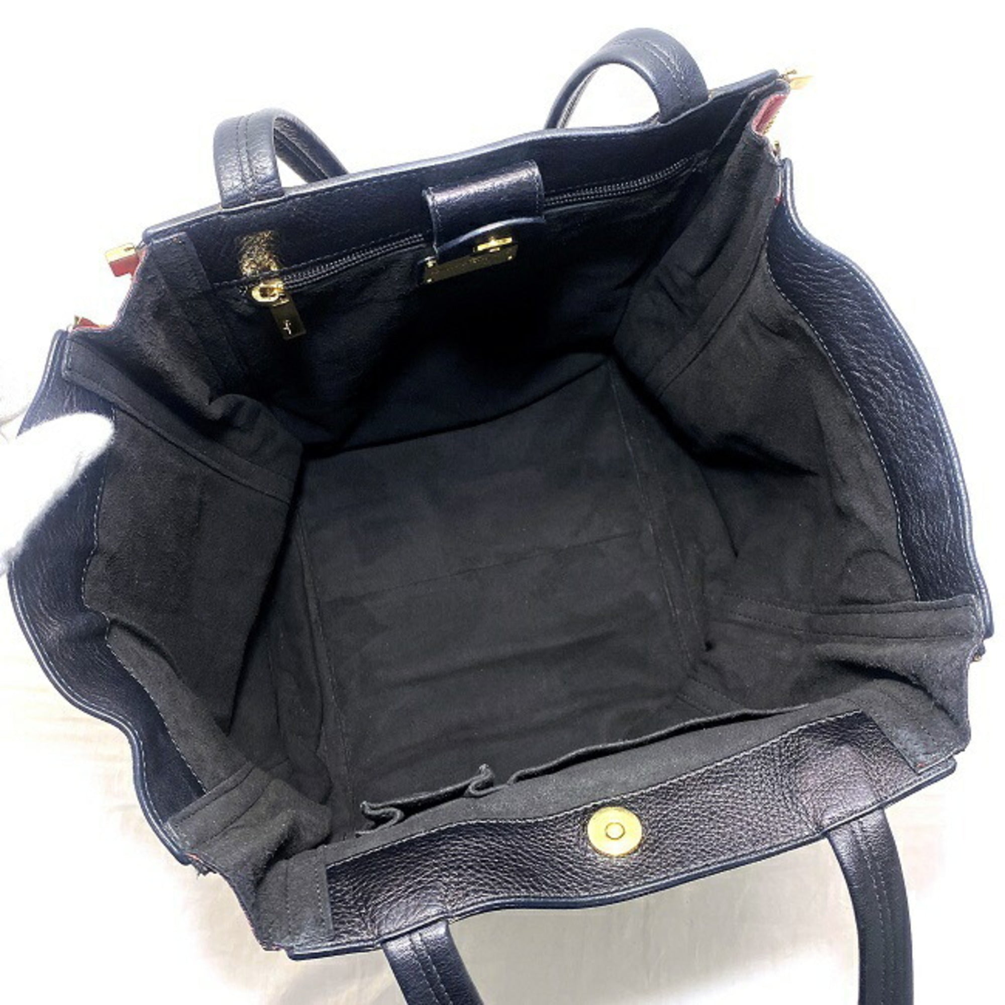 Salvatore Ferragamo Gancini Black Gold Leather Tote Bag (Pre-Owned)
