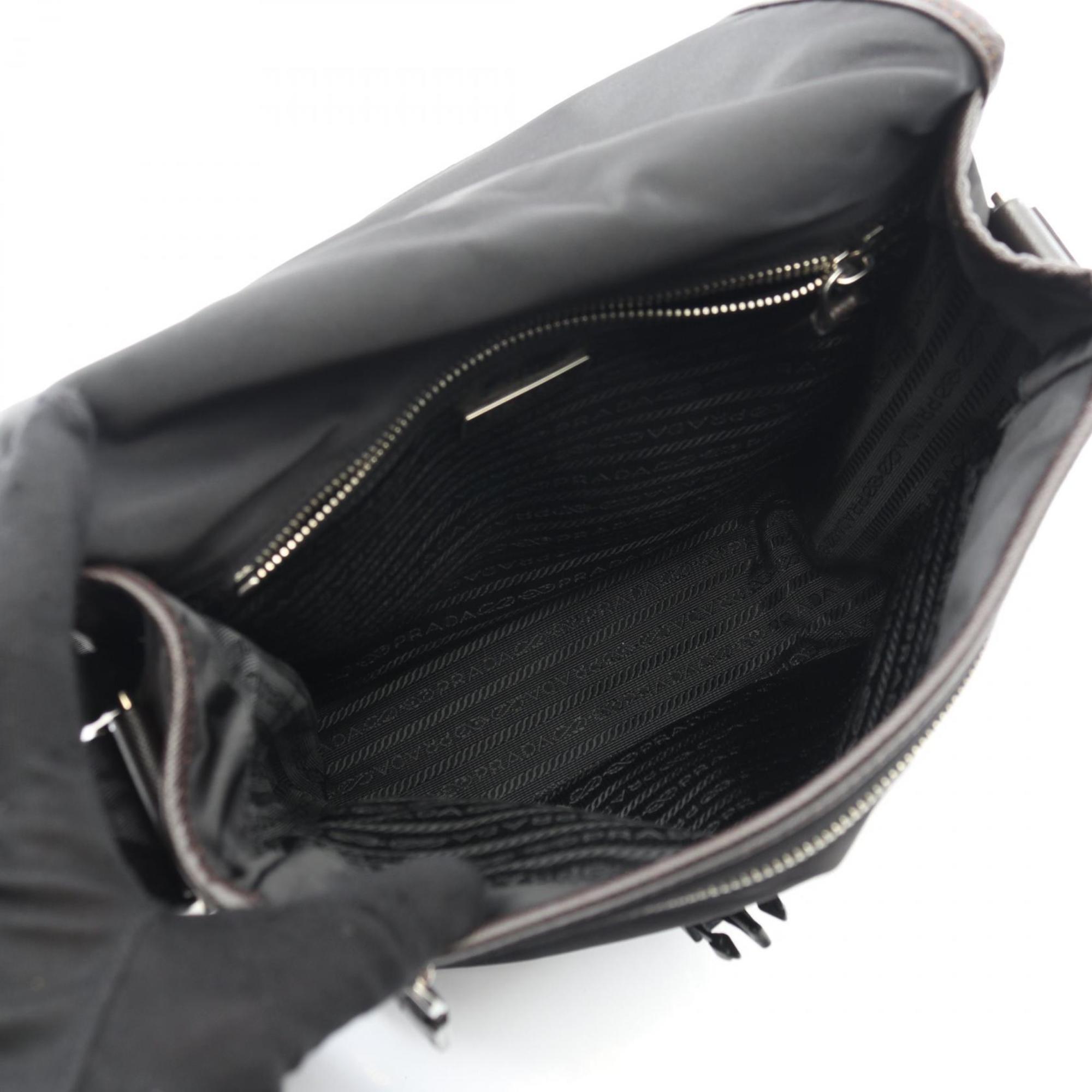 Prada Black Brown Nylon Leather Shoulder Bag (Pre-Owned)