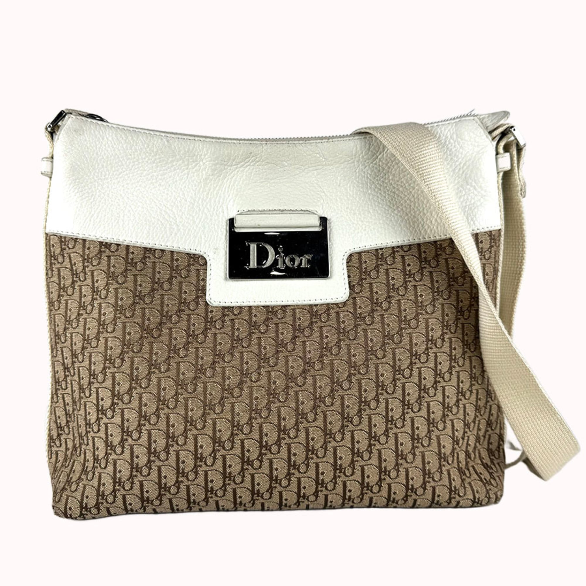 Christian Dior Brown Ivory Canvas Leather Shoulder Bag (Pre-Owned)