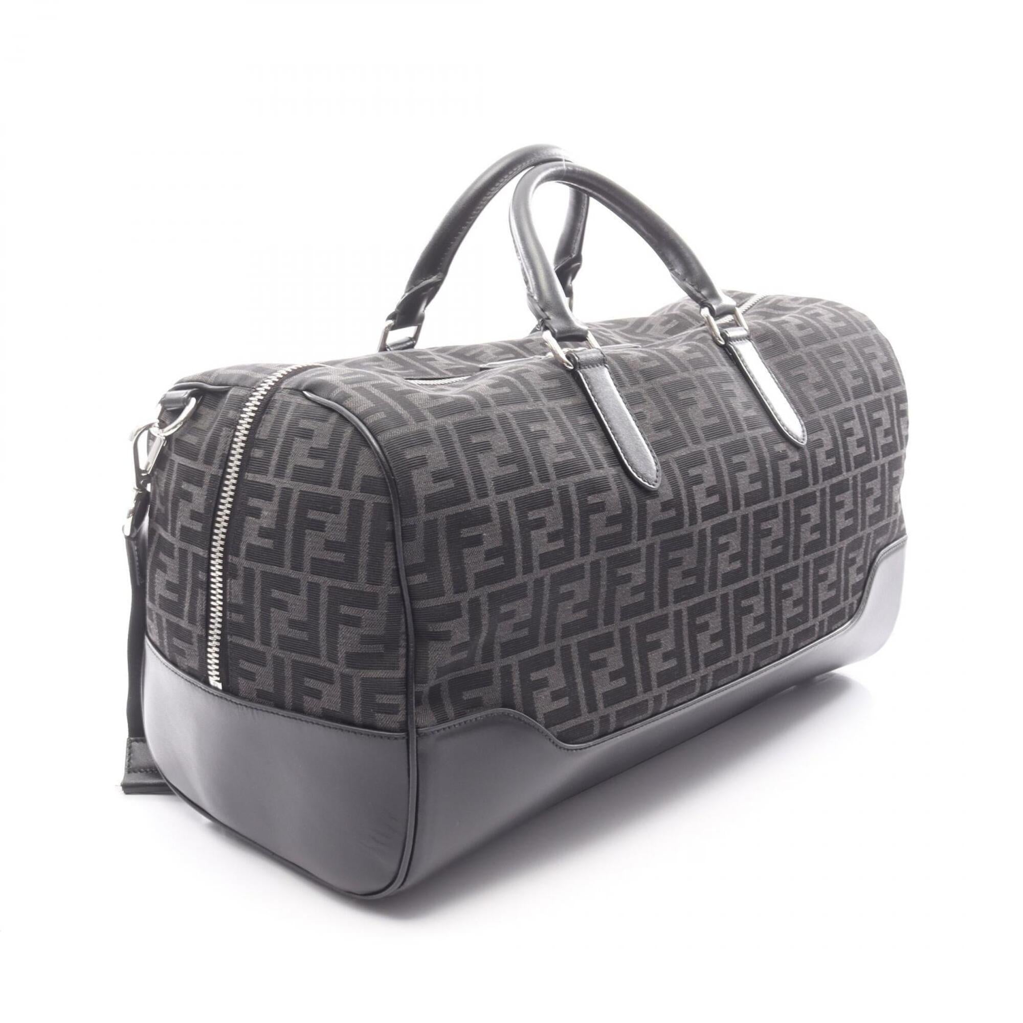 Fendi Black Gray Canvas Leather Boston Bag Handbag (Pre-Owned)