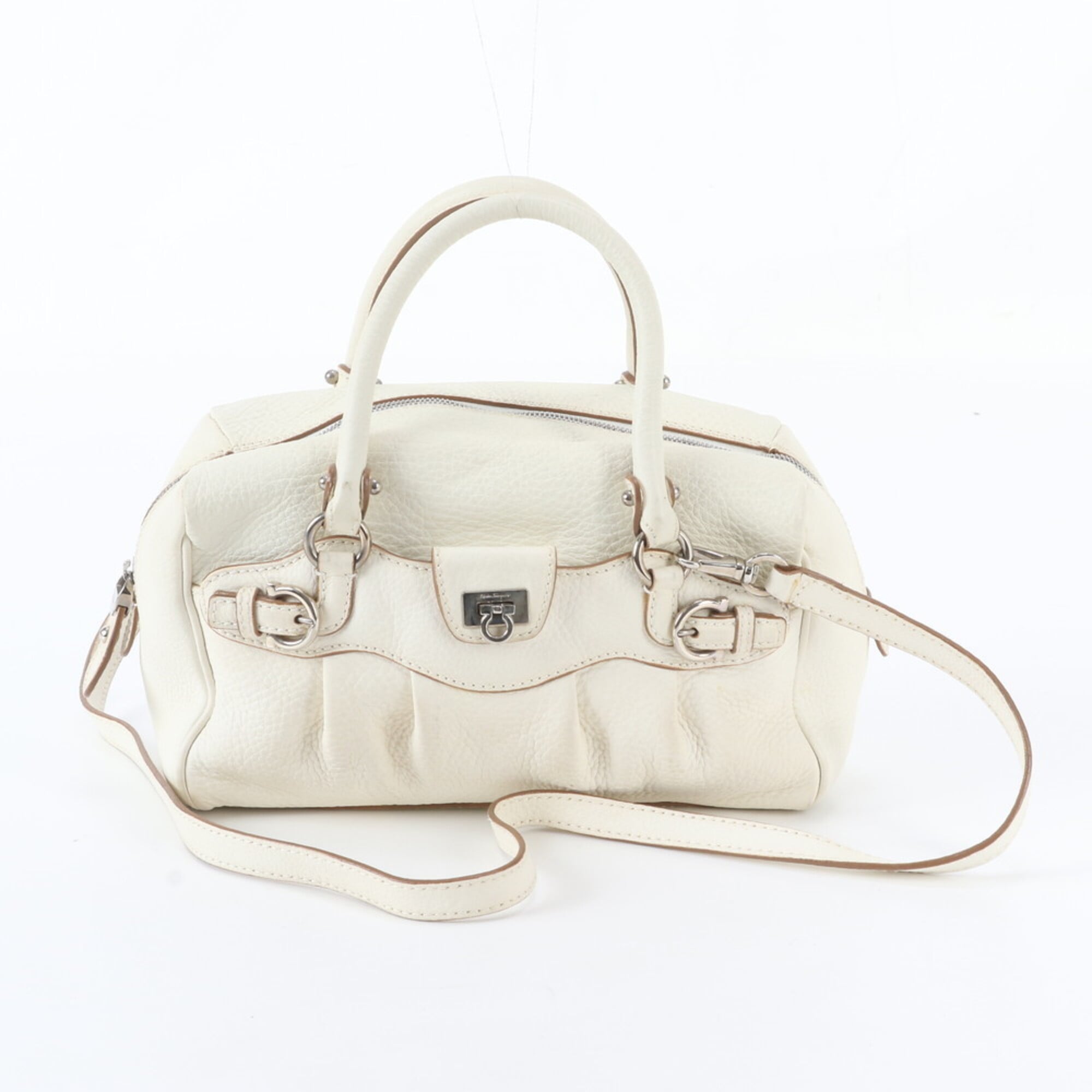 Salvatore Ferragamo White Leather Boston Bag Shoulder Bag Tote Bag (Pre-Owned)