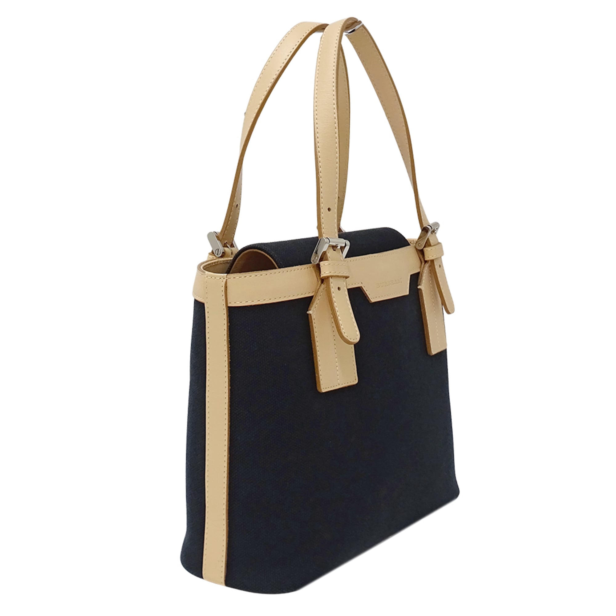 Burberry Beige Black Canvas Handbag Tote Bag (Pre-Owned)