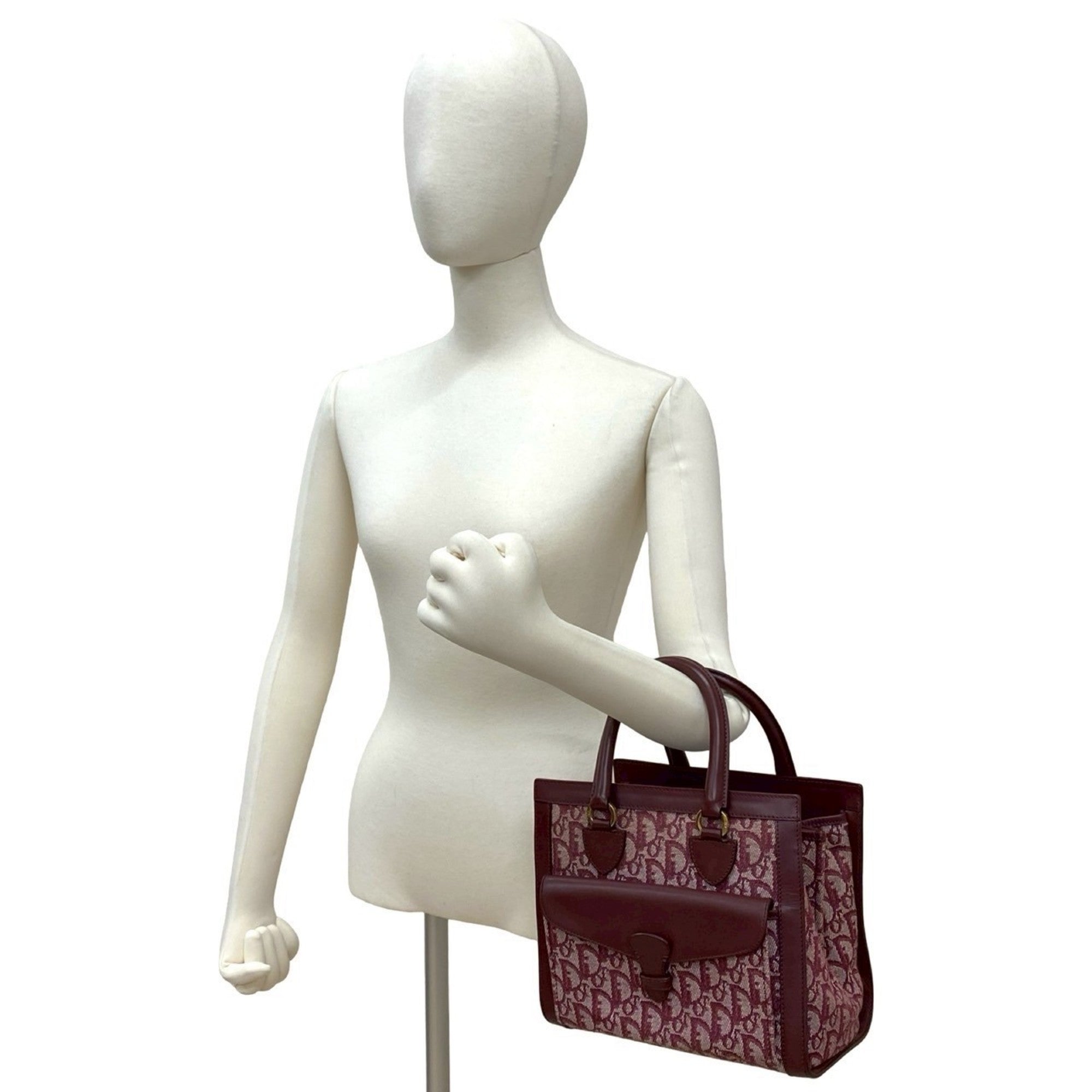 Christian Dior Red Color Wine Canvas Leather Handbag Tote Bag (Pre-Owned)