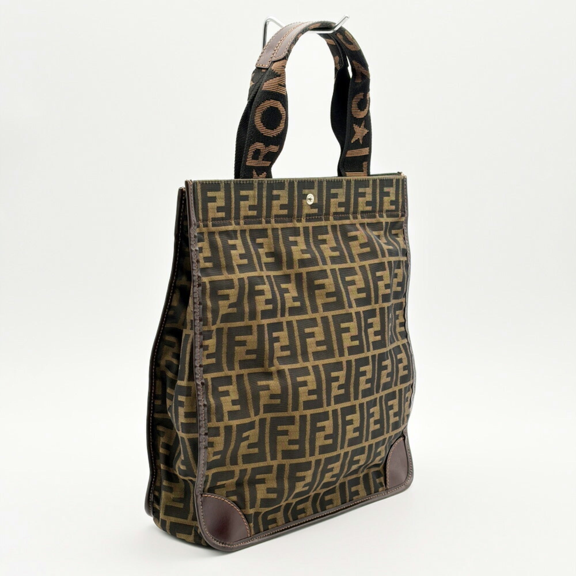Fendi Zucchino Black Brown Dark Brown Zucchino Canvas Leather Tote Bag (Pre-Owned)