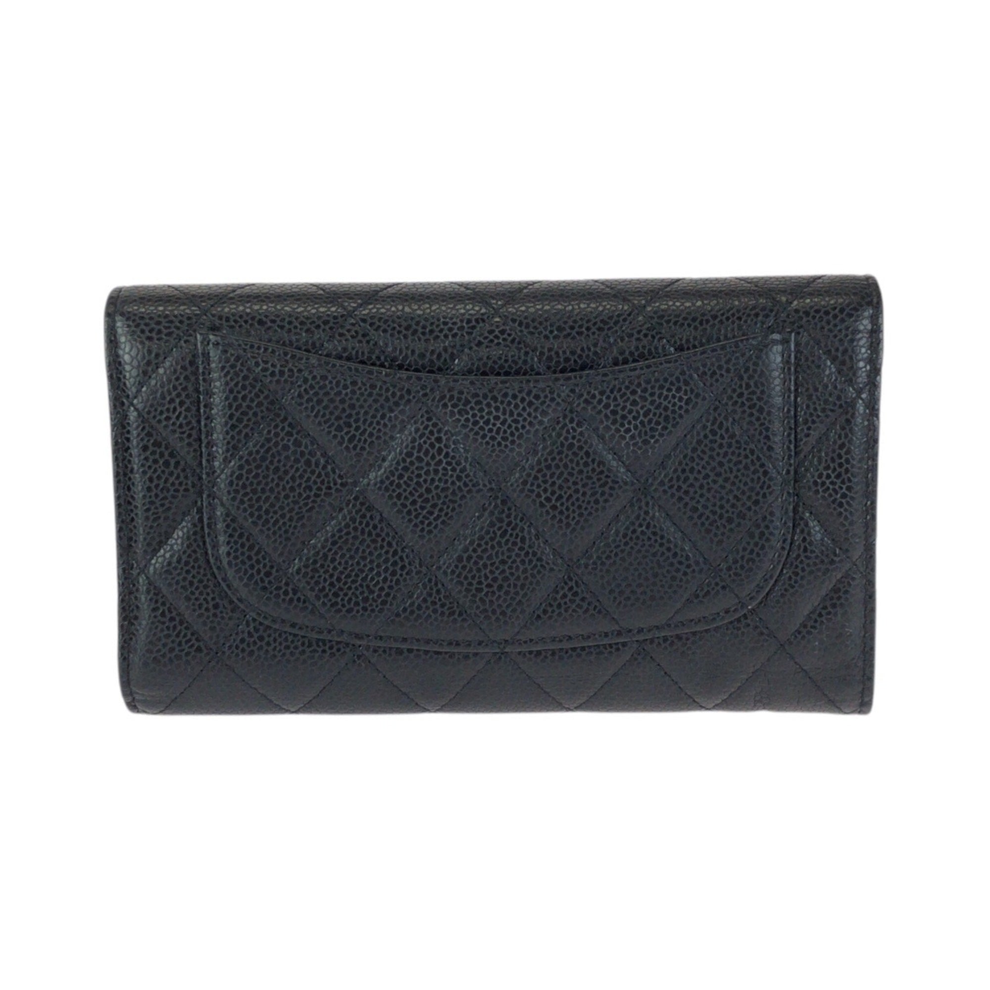 Chanel Black Grained Calfskin Long Wallet (Tri-Fold) (Pre-Owned)