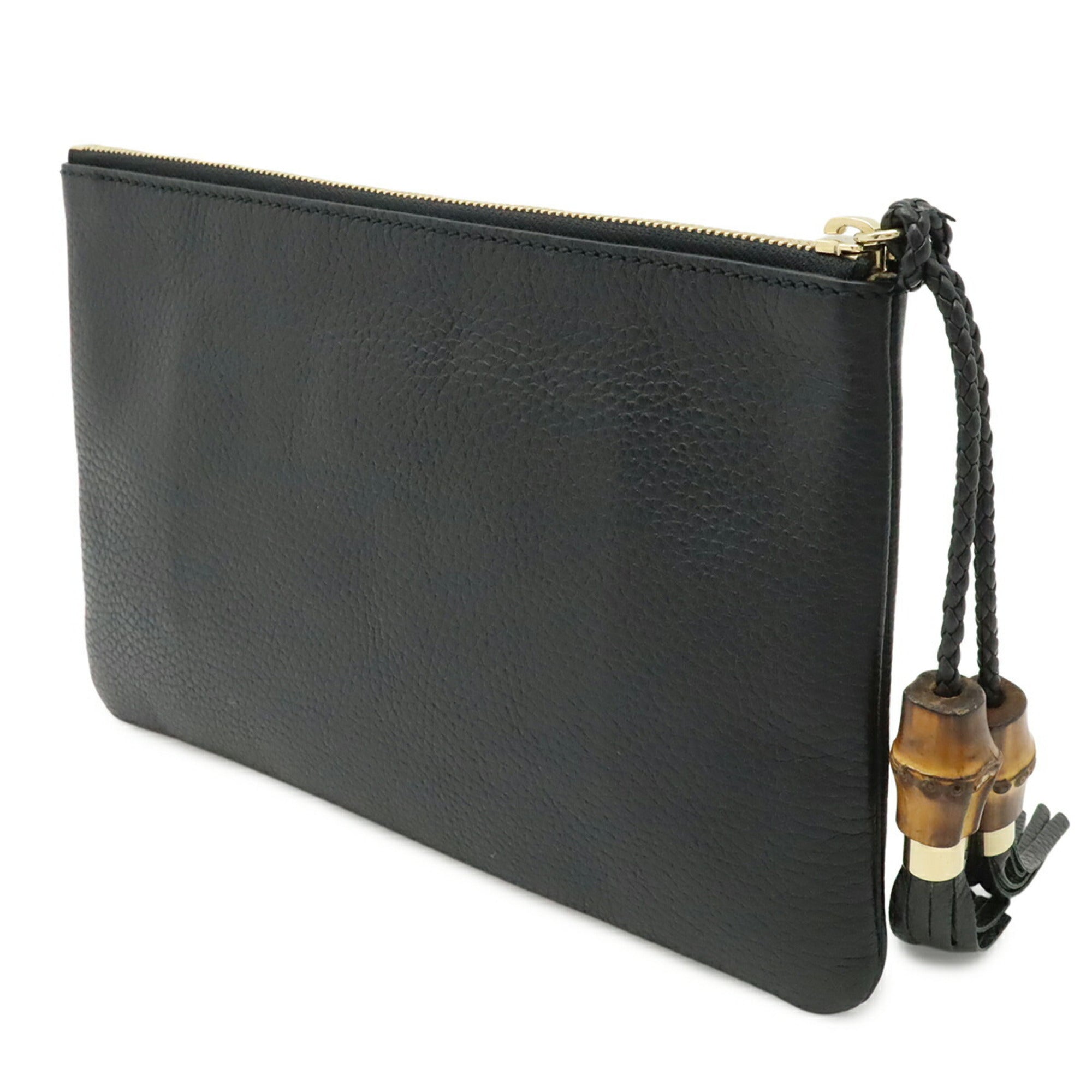 Gucci Black Bamboo Leather Clutch Bag Handbag (Pre-Owned)