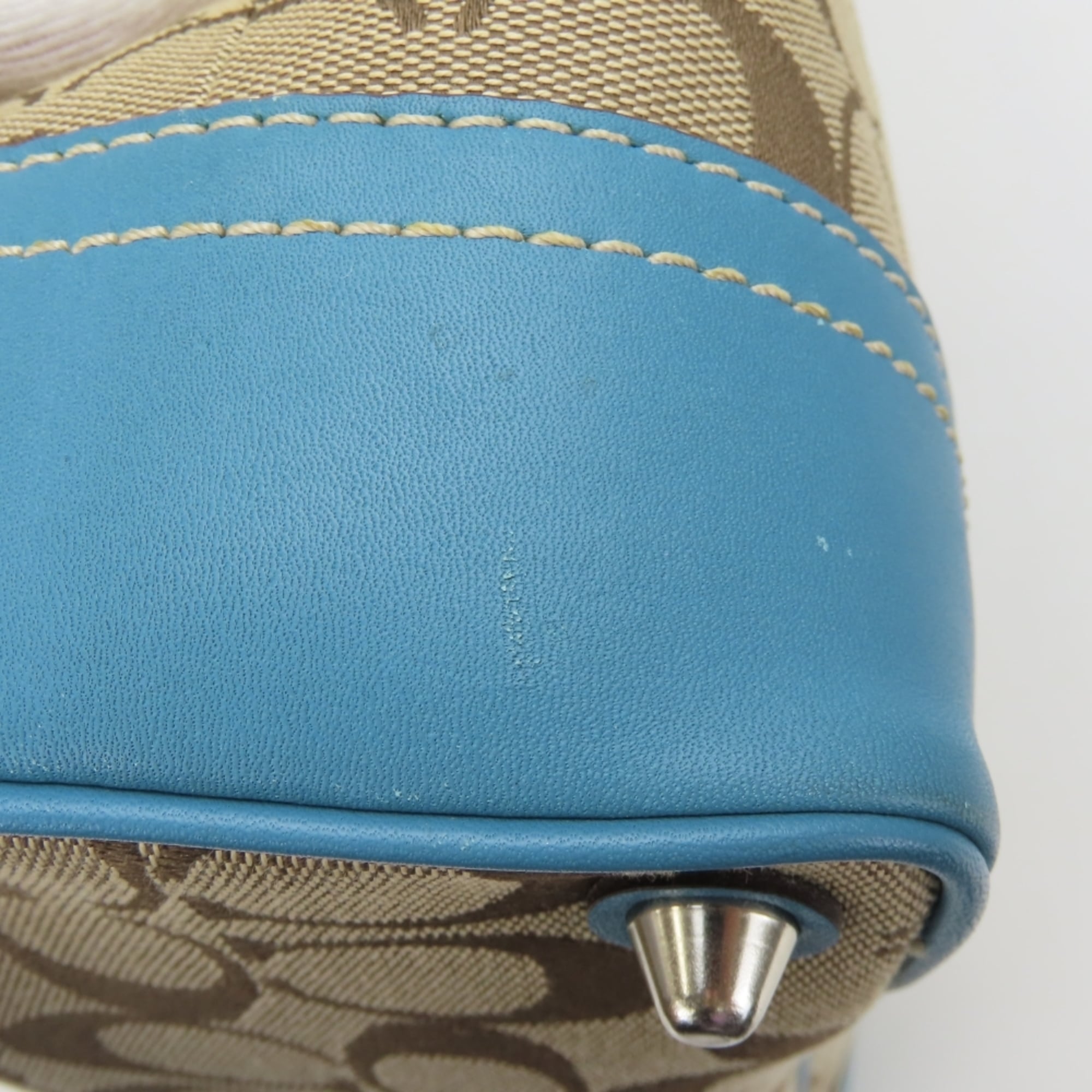 Coach Beige Blue Signature Line Canvas Leather Handbag (Pre-Owned)