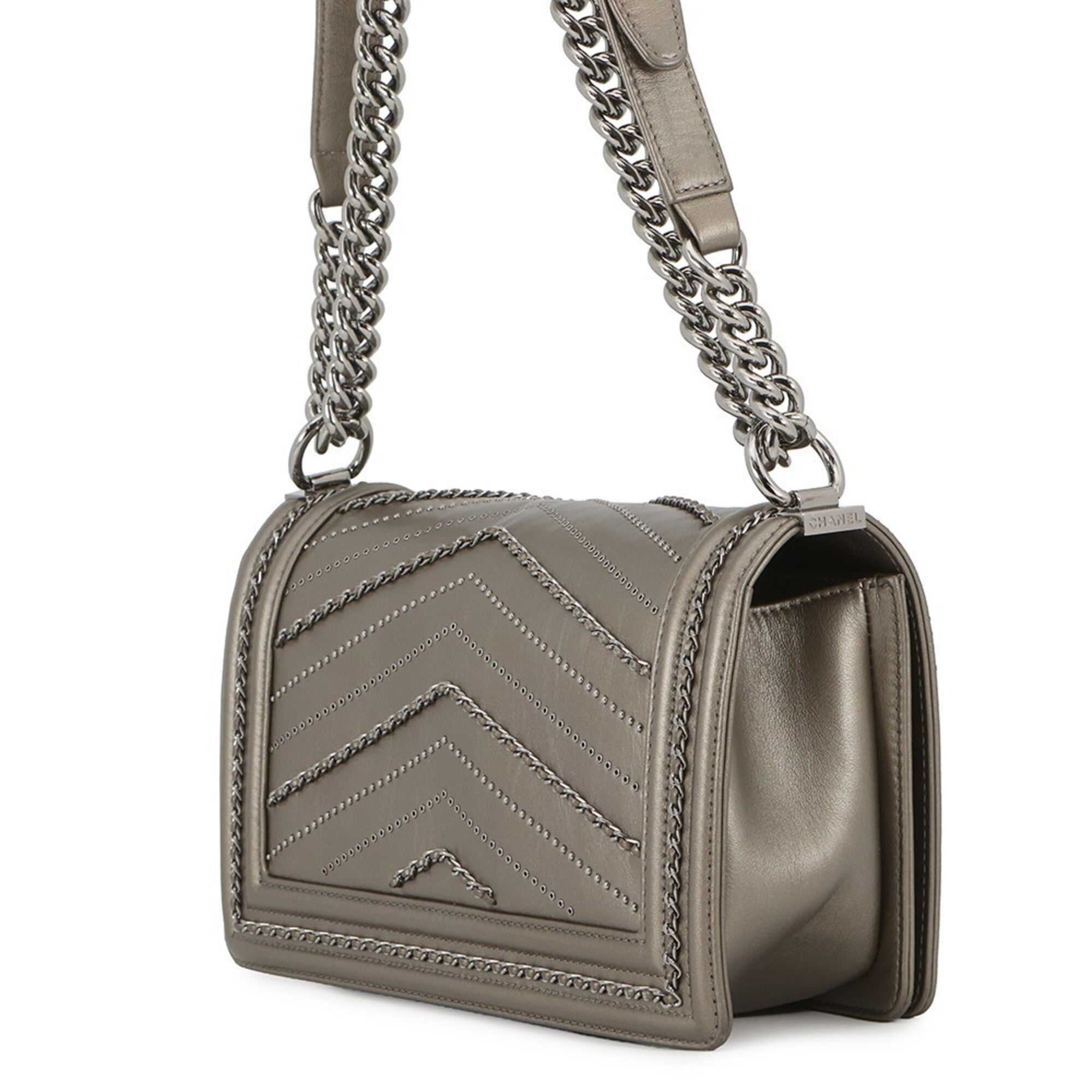 Chanel Metallic Gray Leather Handbag Shoulder Bag (Pre-Owned)