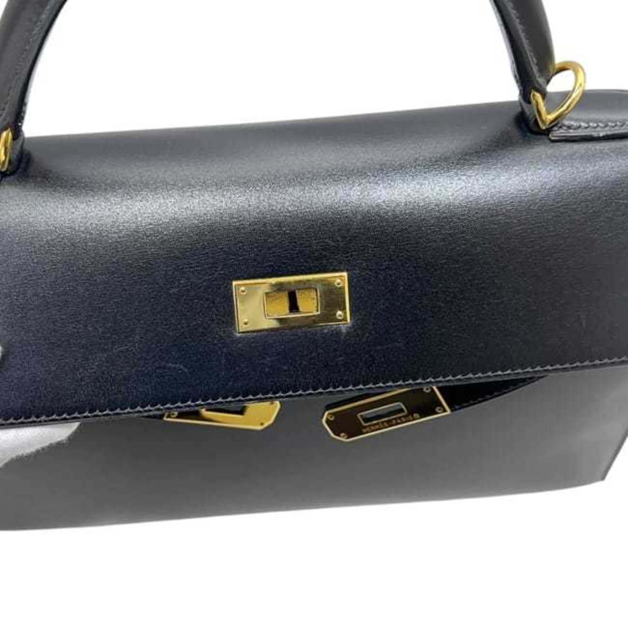 Hermes Kelly Black Box Calf Leather Handbag Shoulder Bag (Pre-Owned)