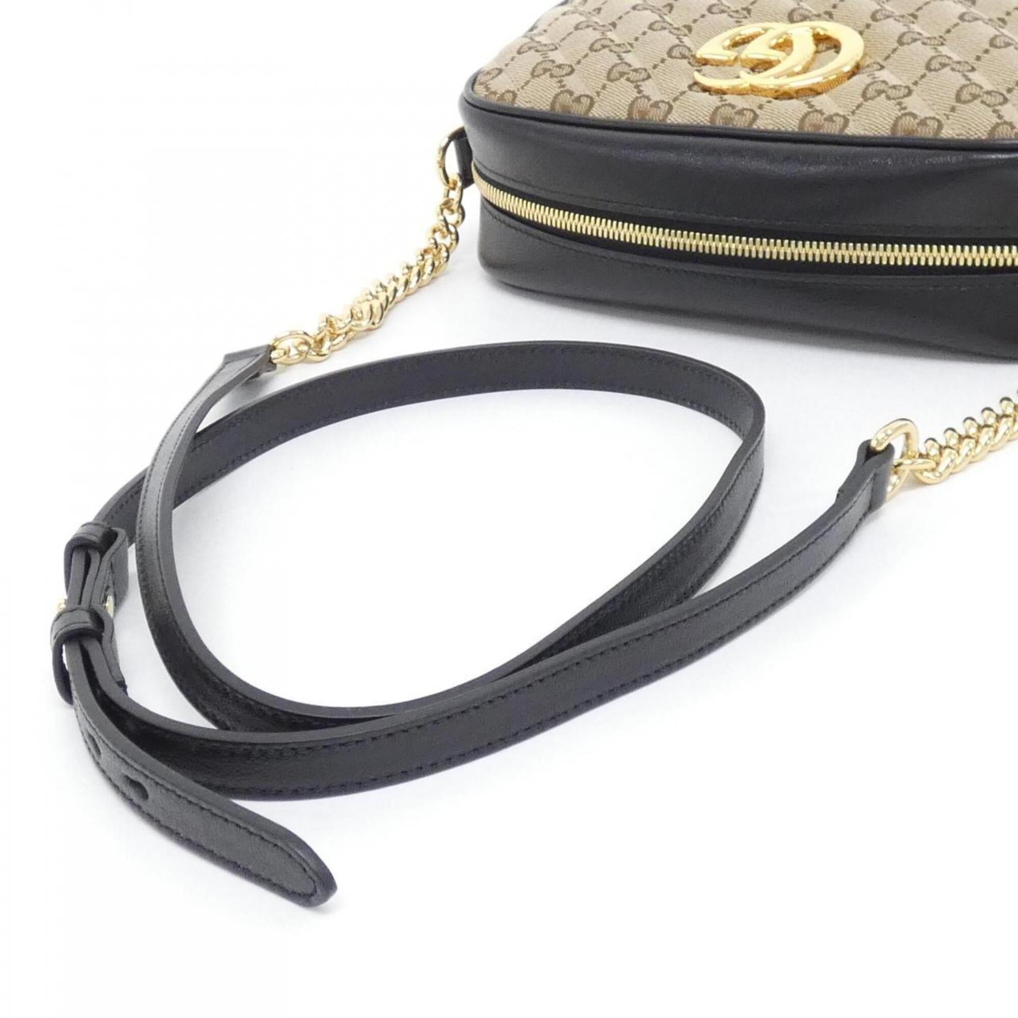 Gucci Beige Black Gg Canvas Leather Shoulder Bag (Pre-Owned)