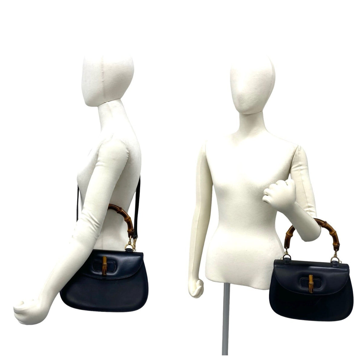 Gucci Navy Leather Bamboo Handbag Shoulder Bag (Pre-Owned)