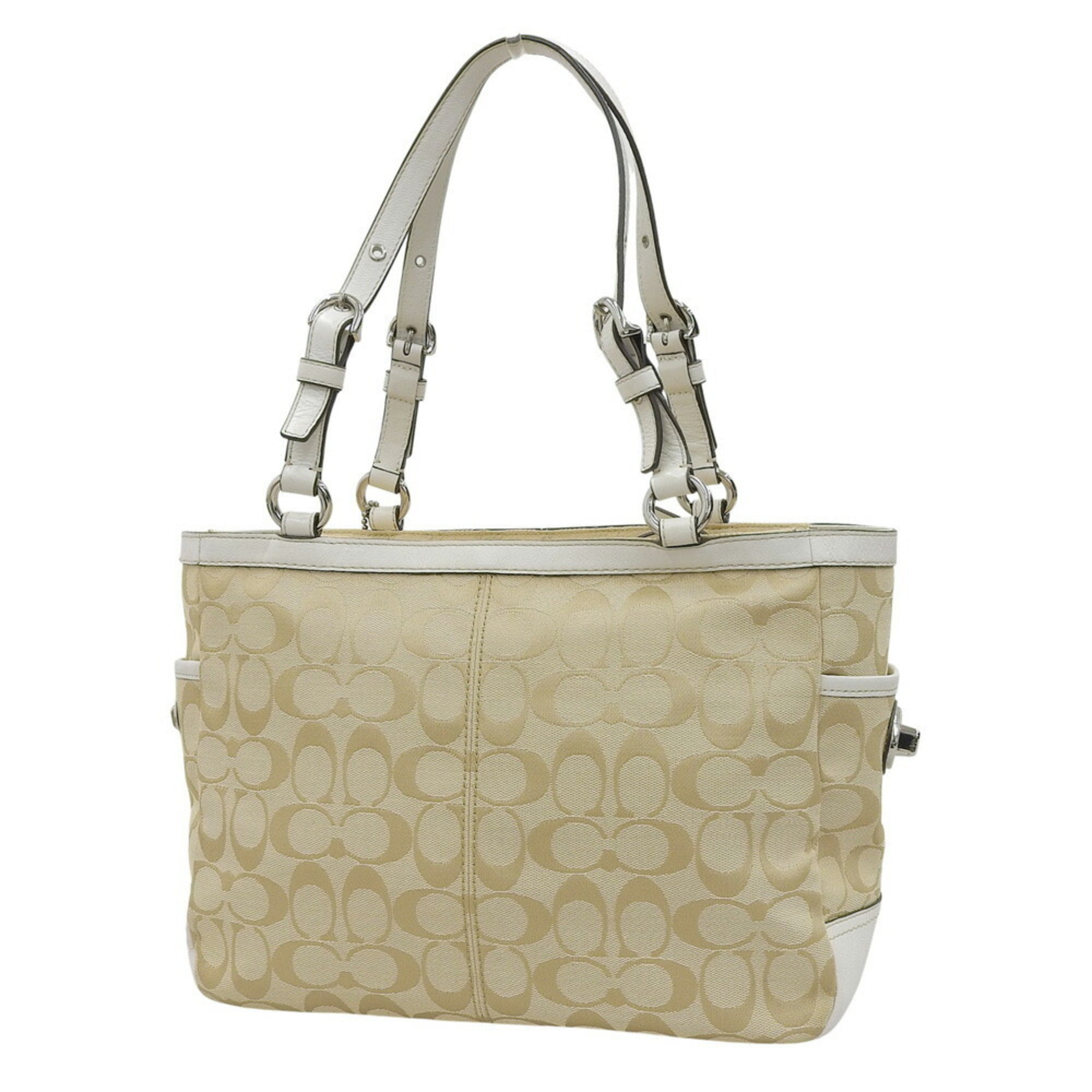Coach Beige White Signature Line Handbag Tote Bag (Pre-Owned)