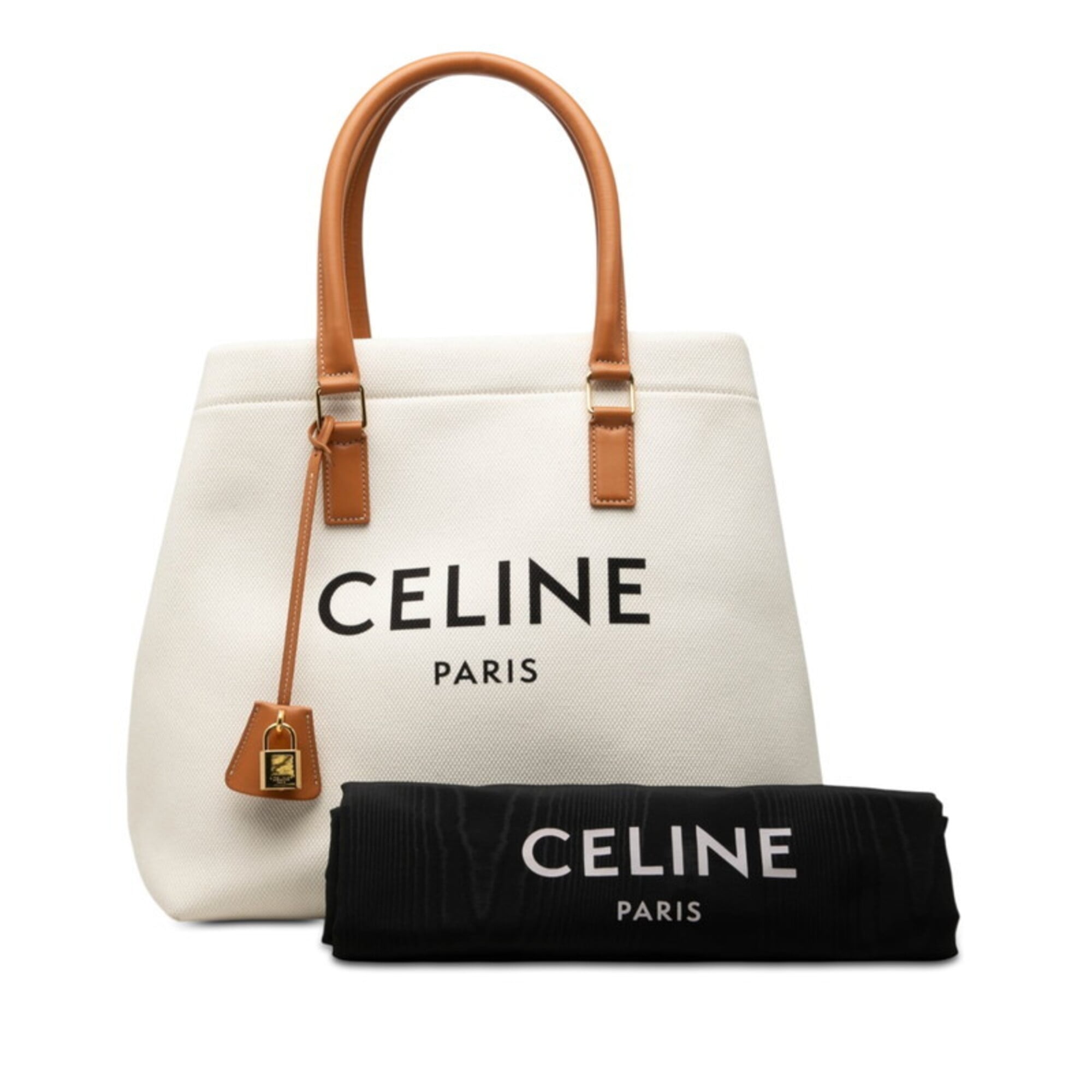 Celine Brown White Canvas Leather Tote Bag (Pre-Owned)