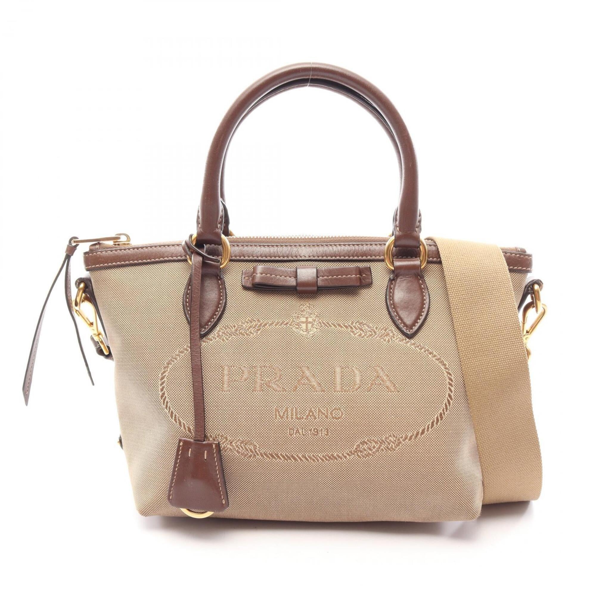 Prada Beige Brown Canvas Leather Handbag (Pre-Owned)