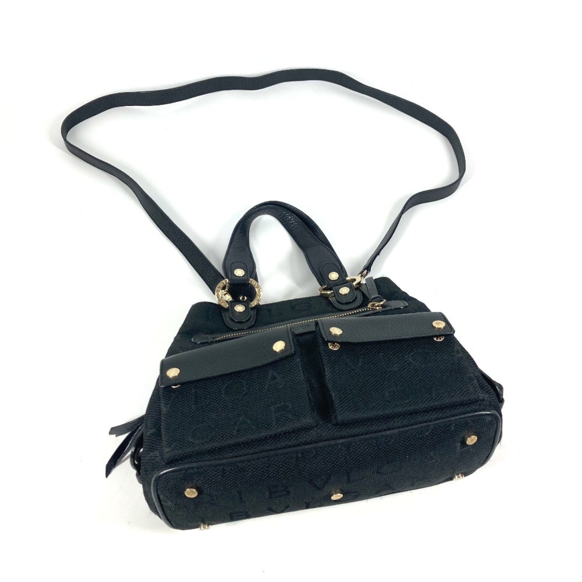 Bvlgari Black Leather Canvas Handbag Shoulder Bag Tote Bag (Pre-Owned)