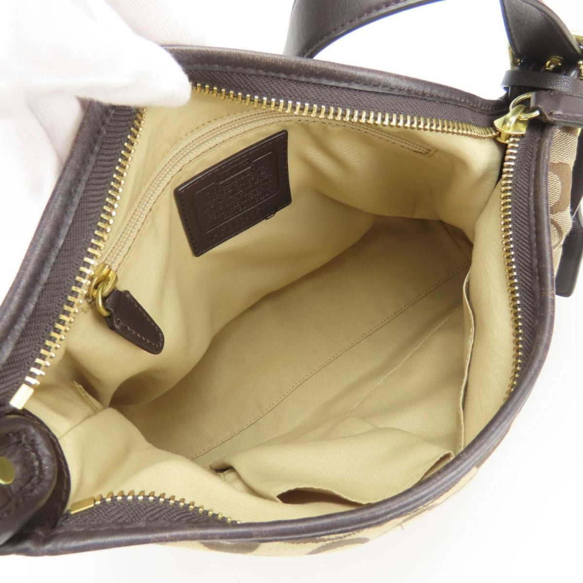 Coach Signature Beige Dark Brown Canvas Leather Shoulder Bag (Pre-Owned)