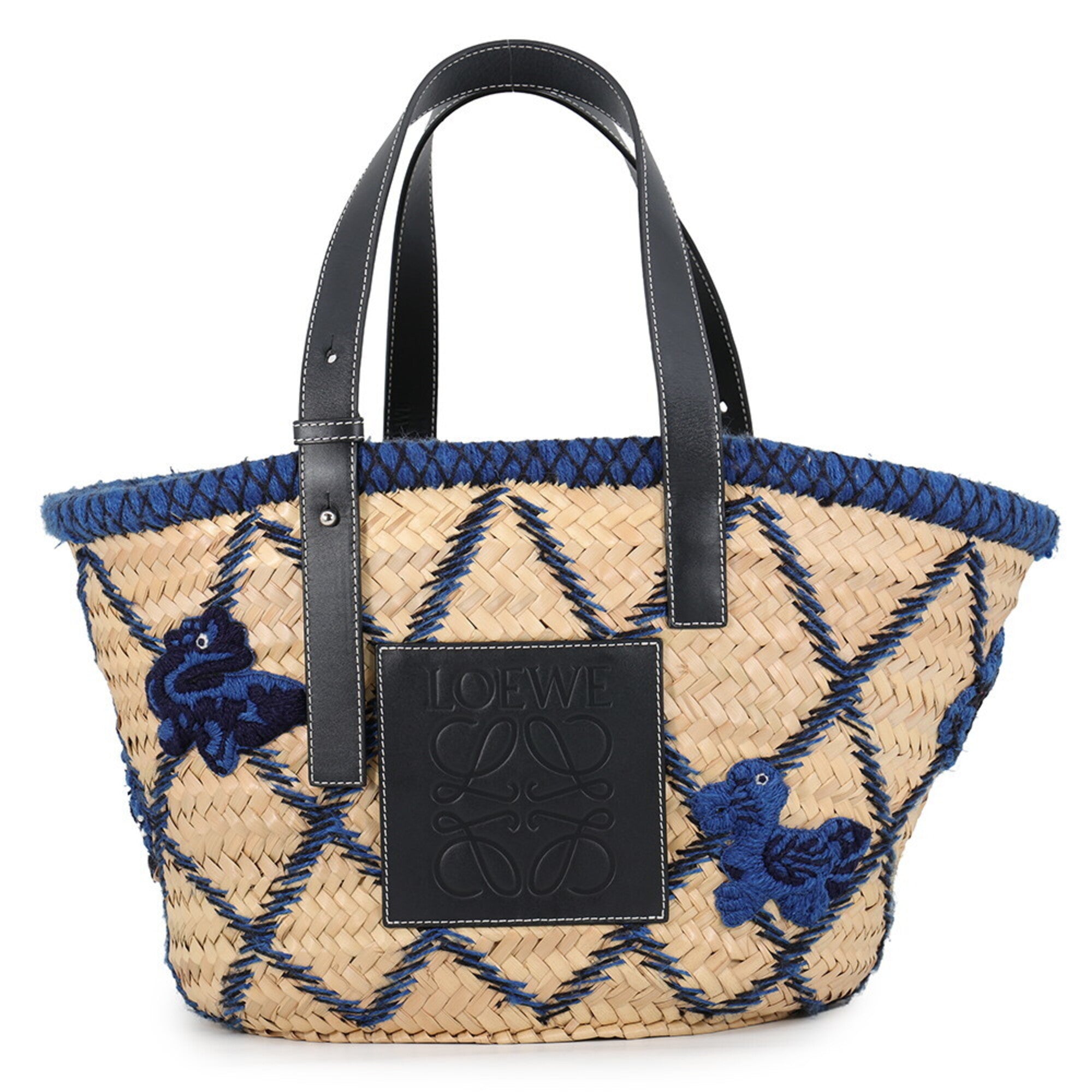 Loewe Beige Blue Navy Raffia Leather Basket Handbag (Pre-Owned)