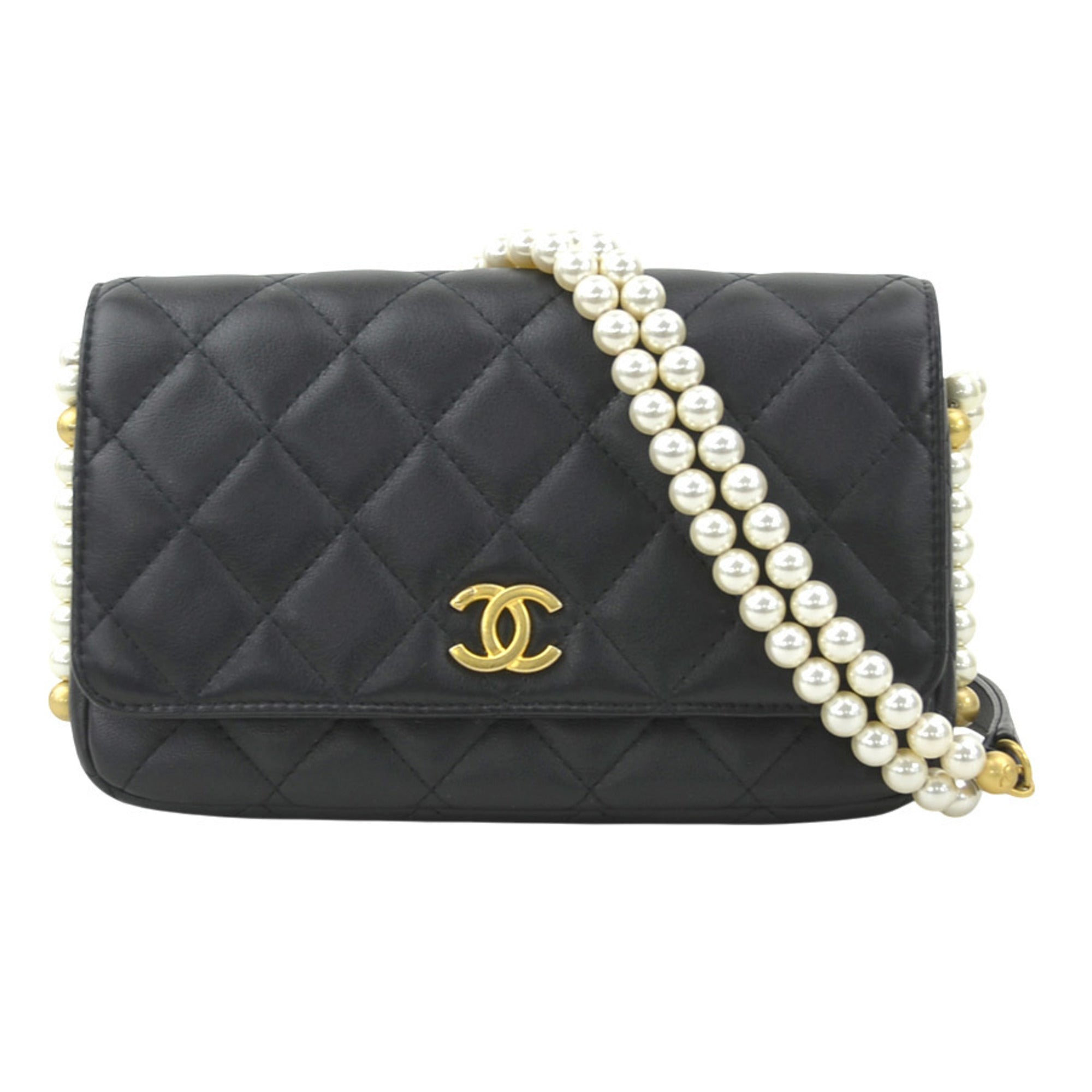 Chanel Black Artificial Pearl Leather Chain/Shoulder Wallet (Pre-Owned)
