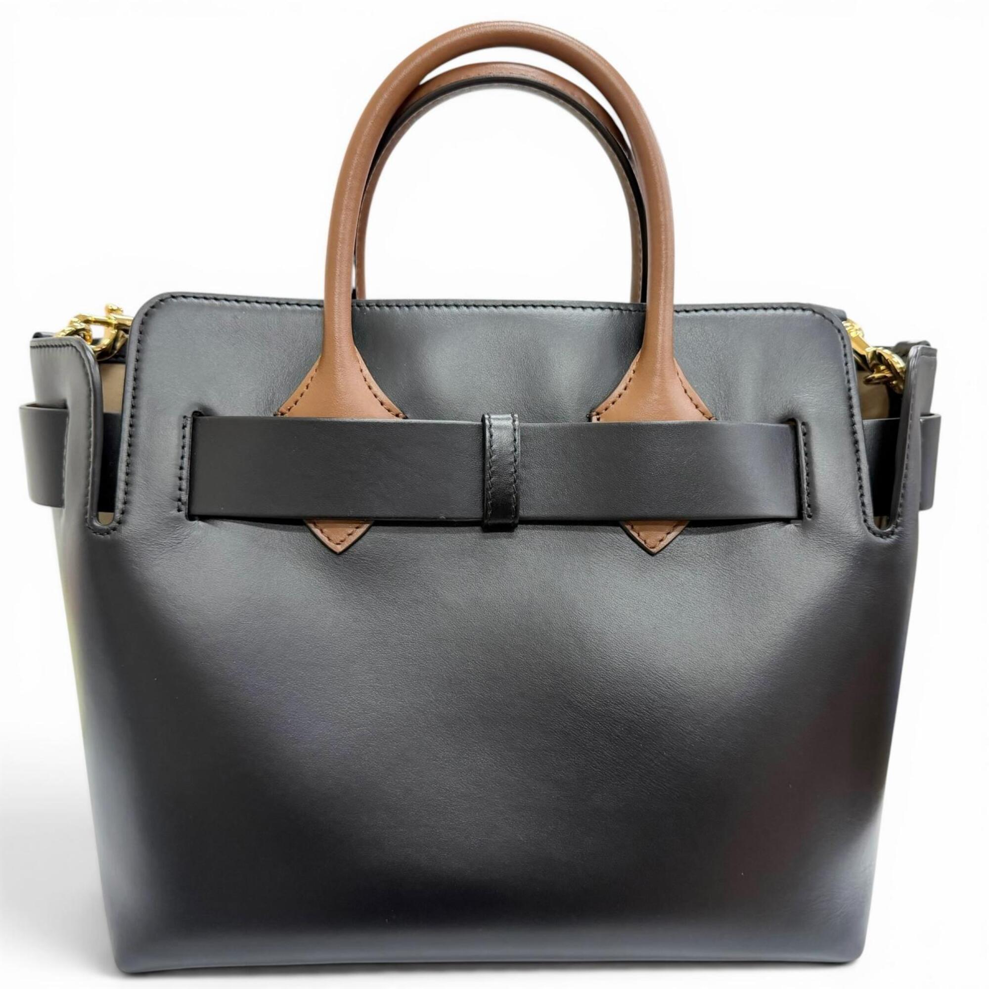 Burberry Black Brown Leather Cotton Polyester Shoulder Bag Tote Bag (Pre-Owned)