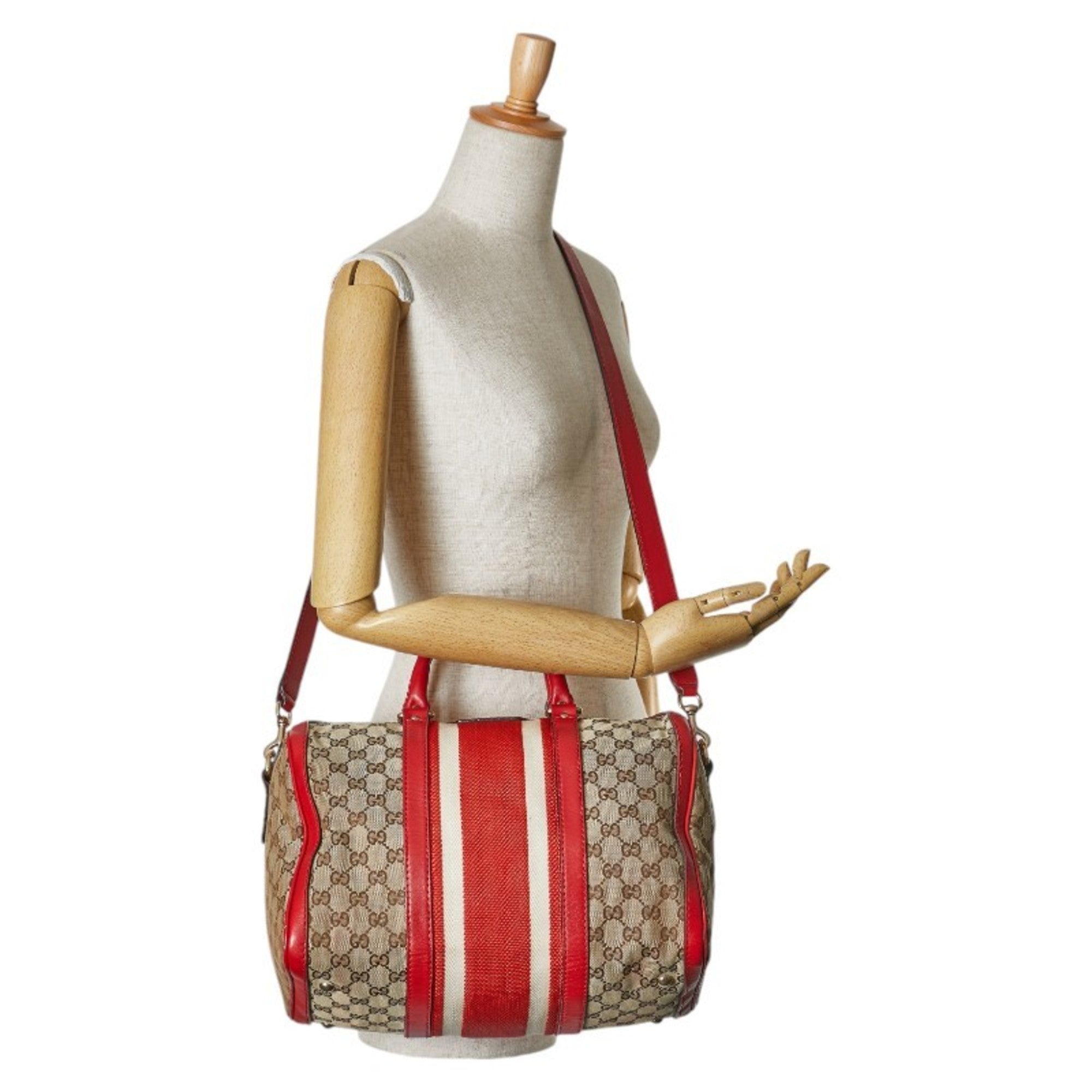 Gucci Beige Red Color Canvas Leather Boston Bag Shoulder Bag (Pre-Owned)