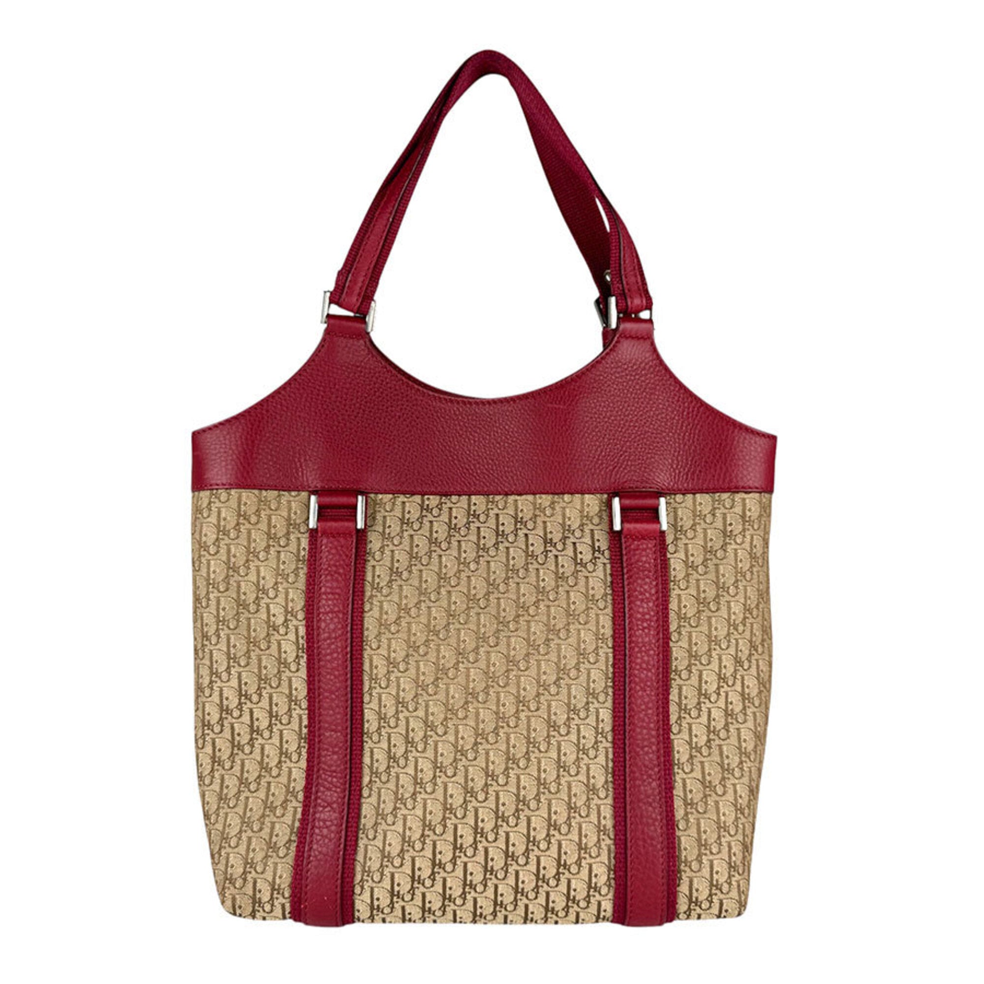 Christian Dior Brown Red Color Leather Canvas Handbag (Pre-Owned)