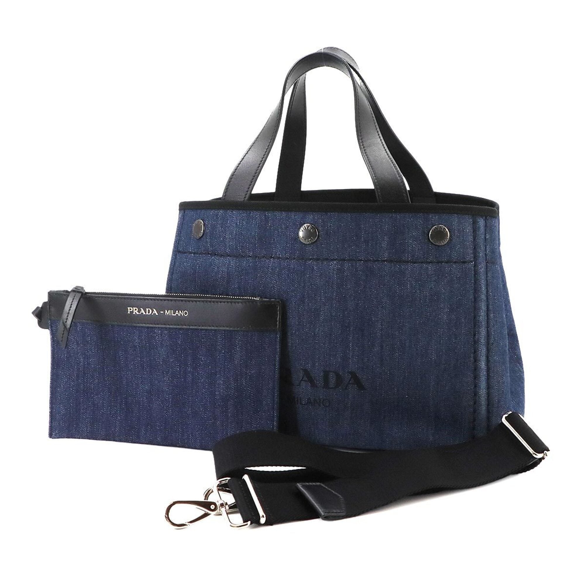 Prada Black Blue Denim Leather Handbag Shoulder Bag (Pre-Owned)