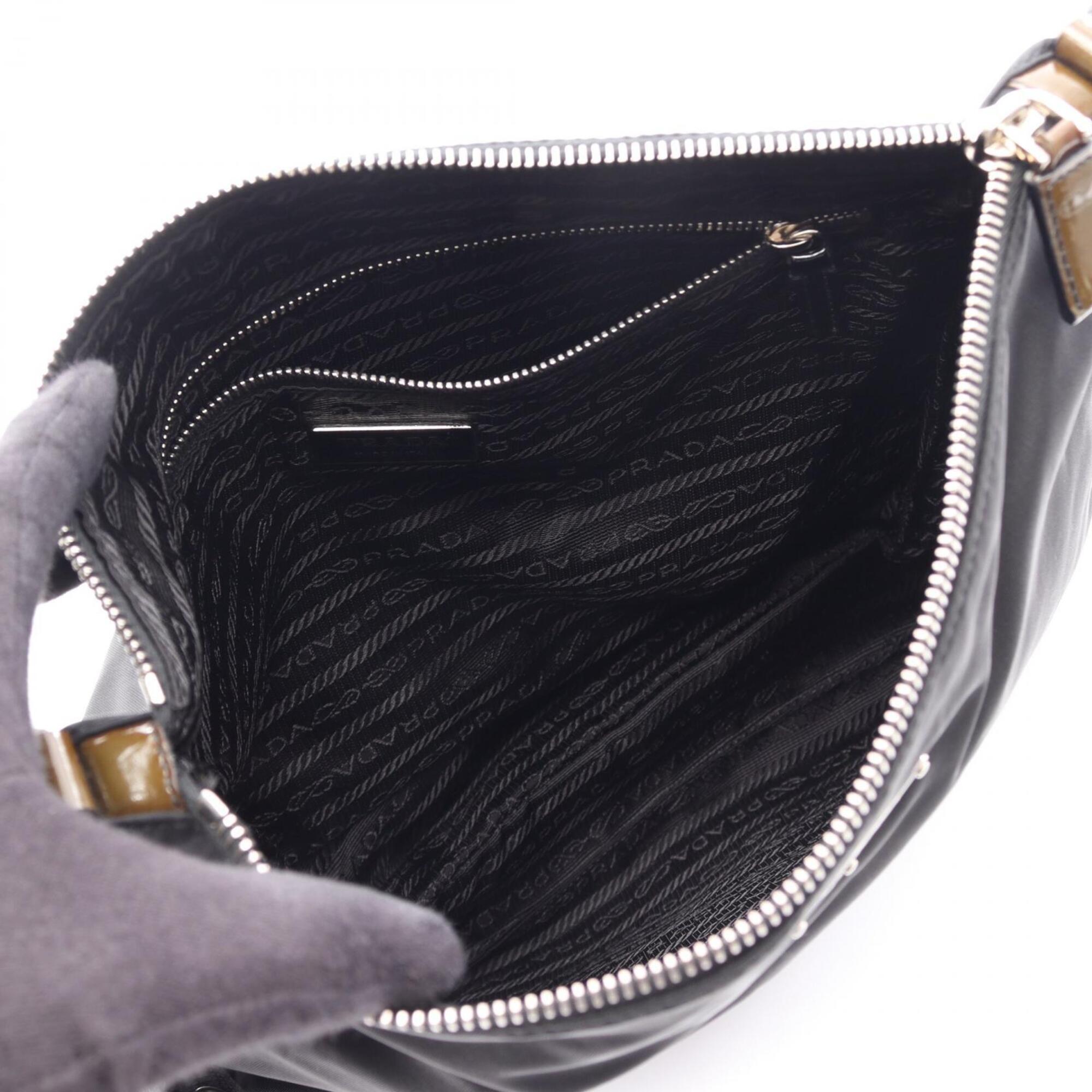 Prada Black Khaki Nylon Patent Leather Handbag Shoulder Bag (Pre-Owned)