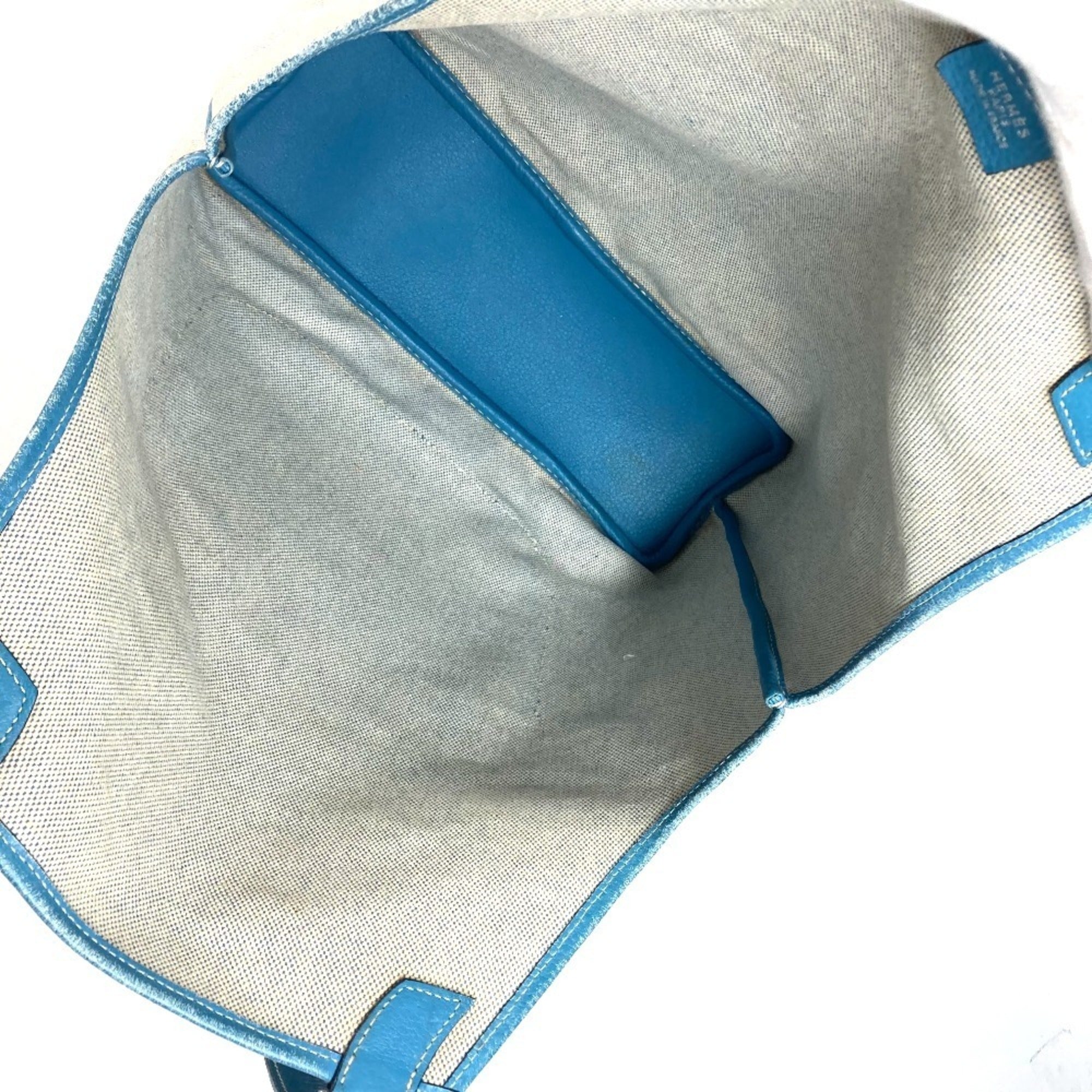 Hermes Jardinier Blue Leather Canvas Shoulder Bag Tote Bag (Pre-Owned)
