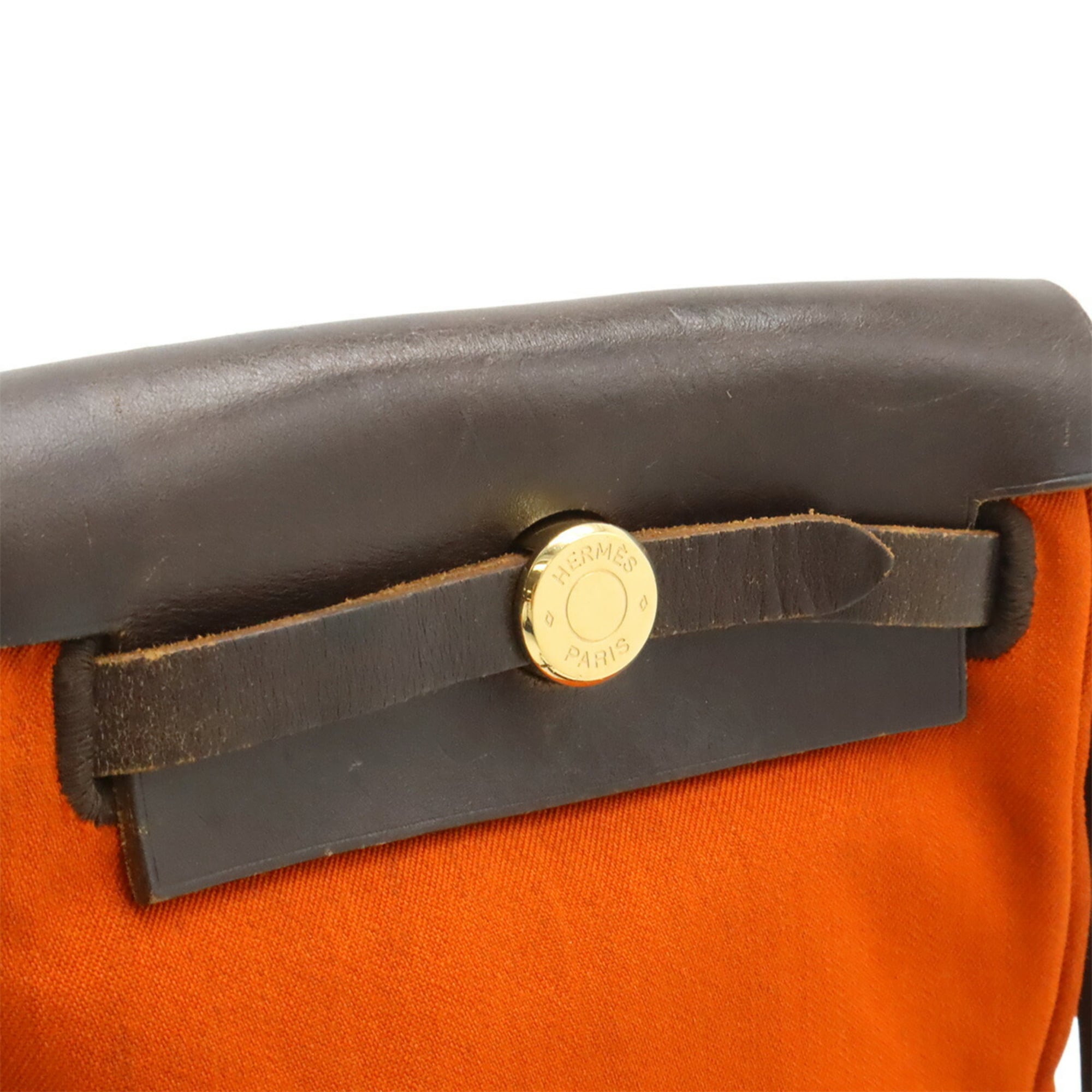 Hermes Her Bag Dark Brown Orange Toile Officier Leather Pochette Shoulder Bag (Pre-Owned)