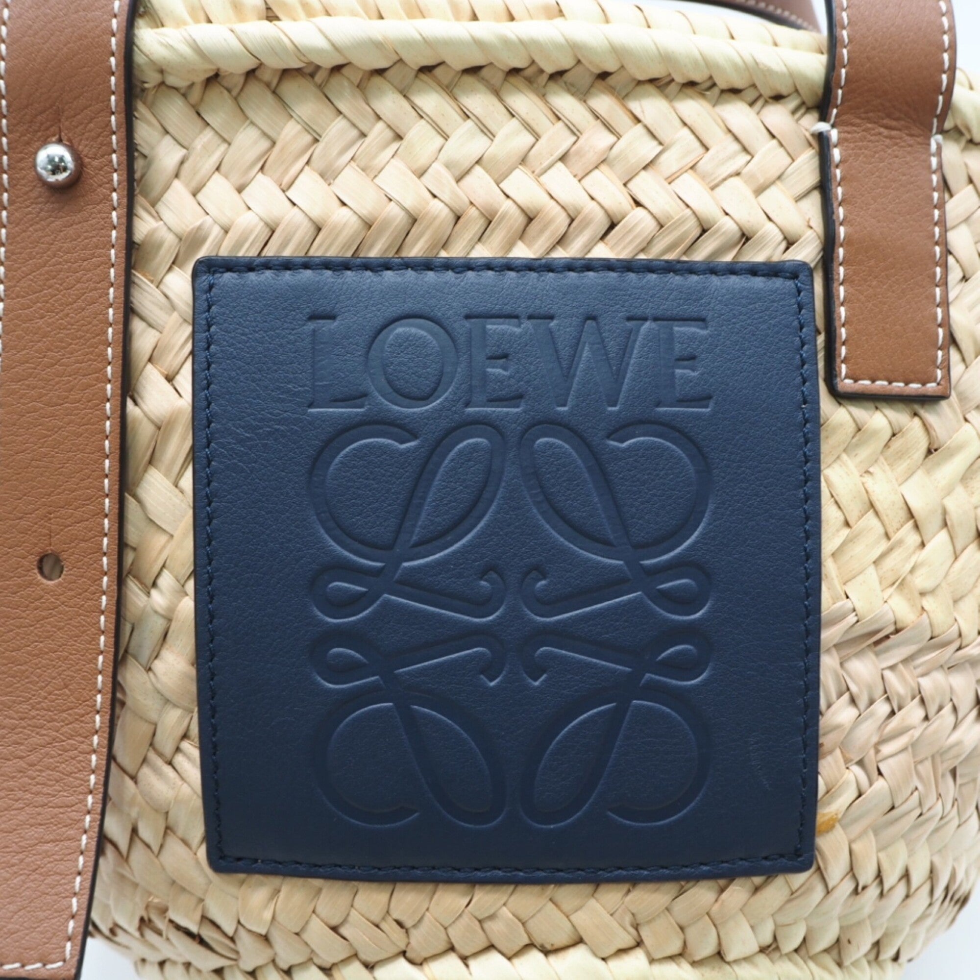 Loewe Beige Brown Navy Raffia Leather Basket Handbag (Pre-Owned)