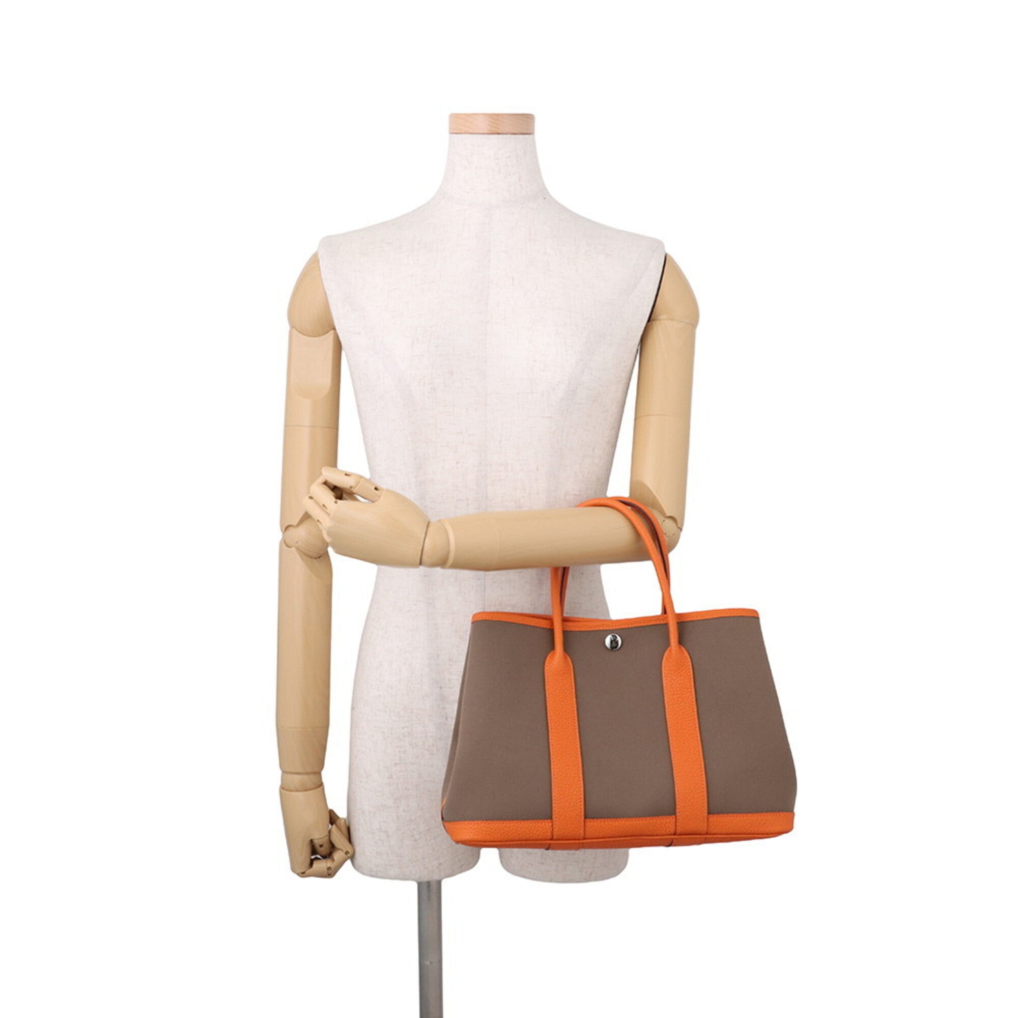 Hermes Garden Etoupe Gray Orange Toile Officier Negonda Leather Handbag Tote Bag (Pre-Owned)