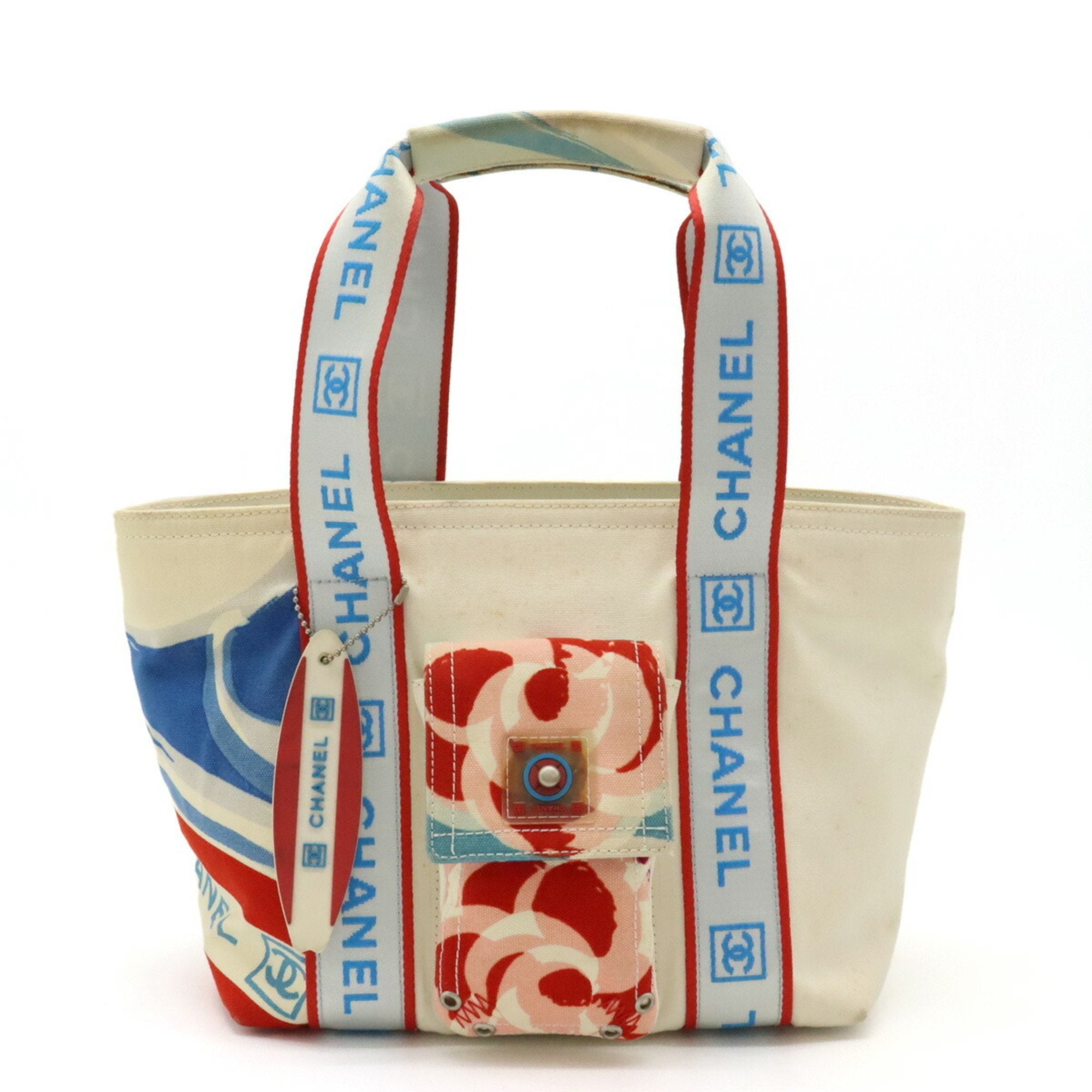 Chanel Ivory Light Blue Red Color Canvas Shoulder Bag Tote Bag (Pre-Owned)