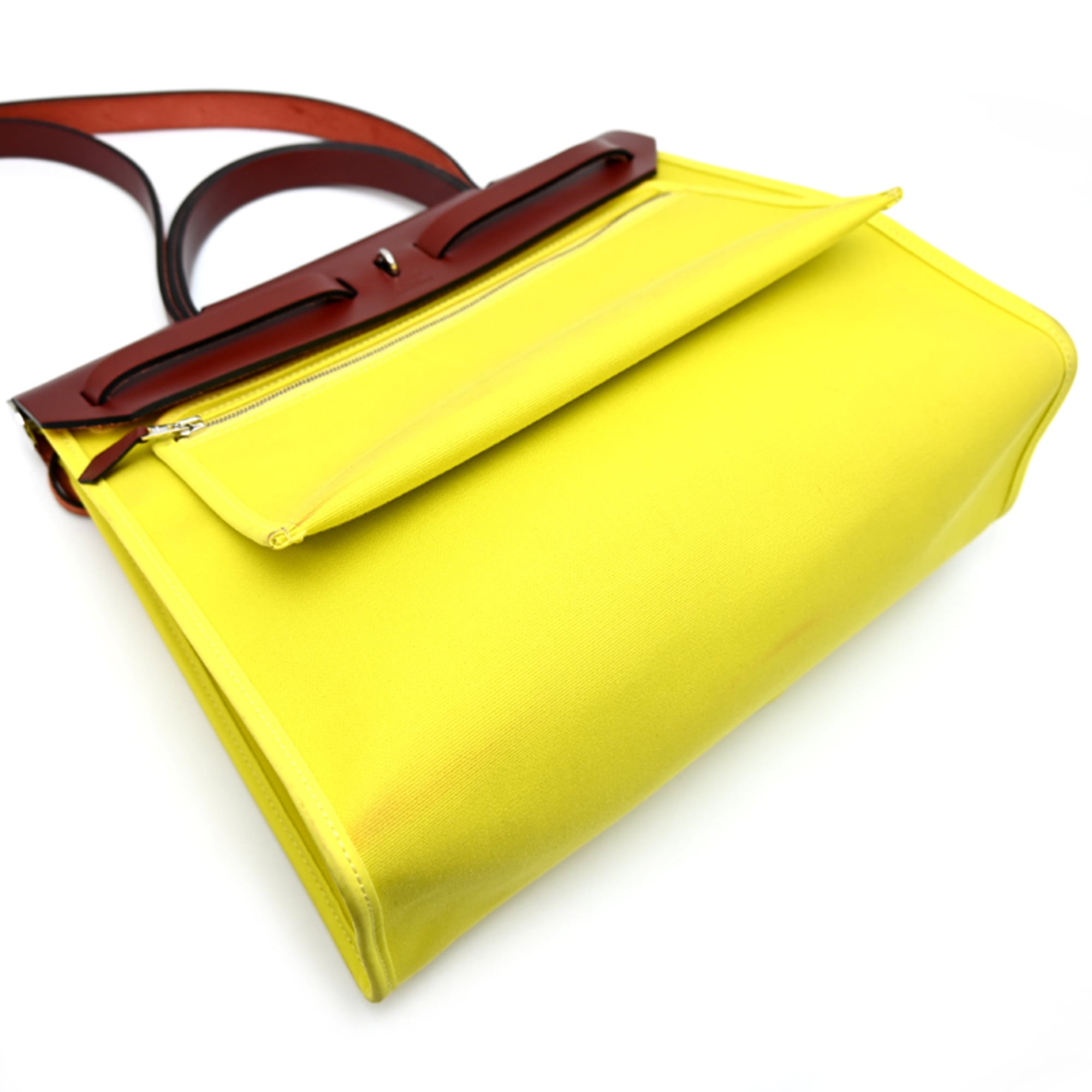 Hermes Yellow Toile Officier Leather Handbag (Pre-Owned)