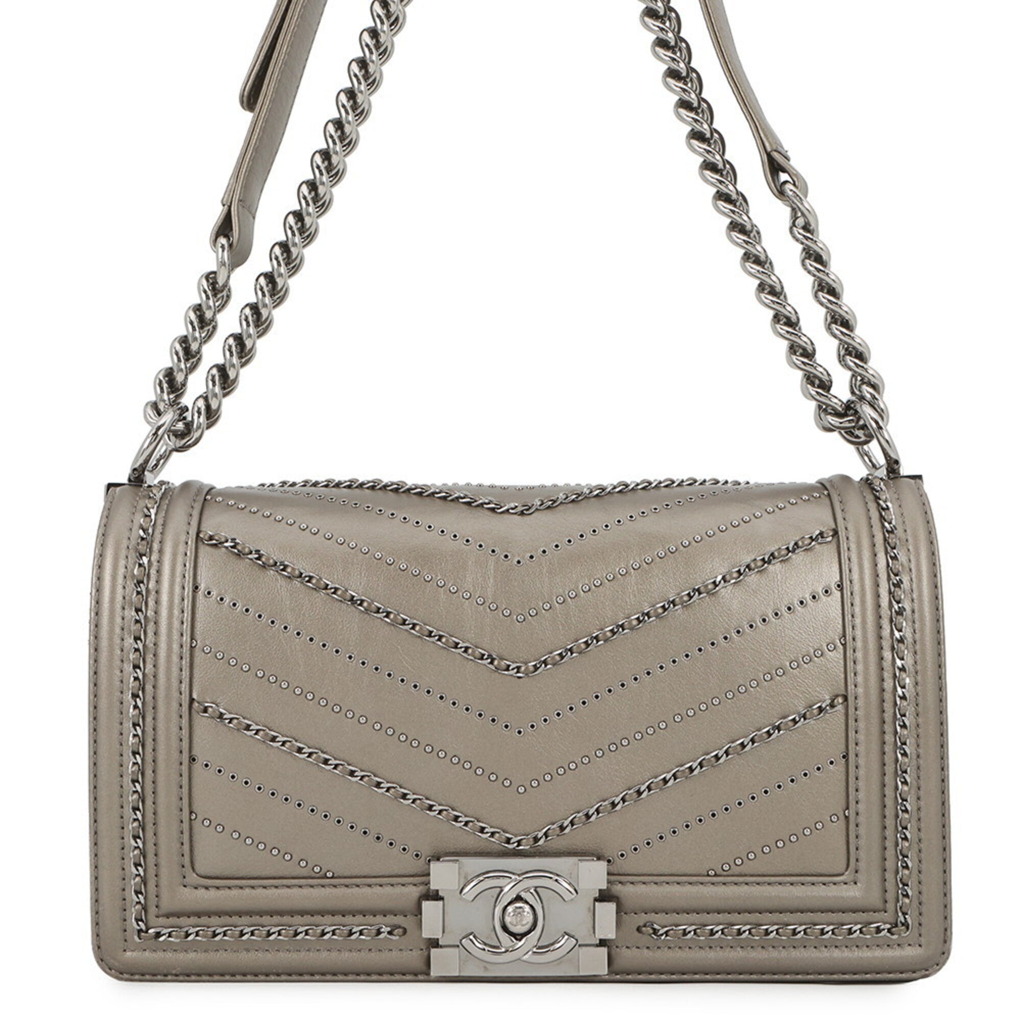 Chanel Metallic Gray Leather Handbag Shoulder Bag (Pre-Owned)