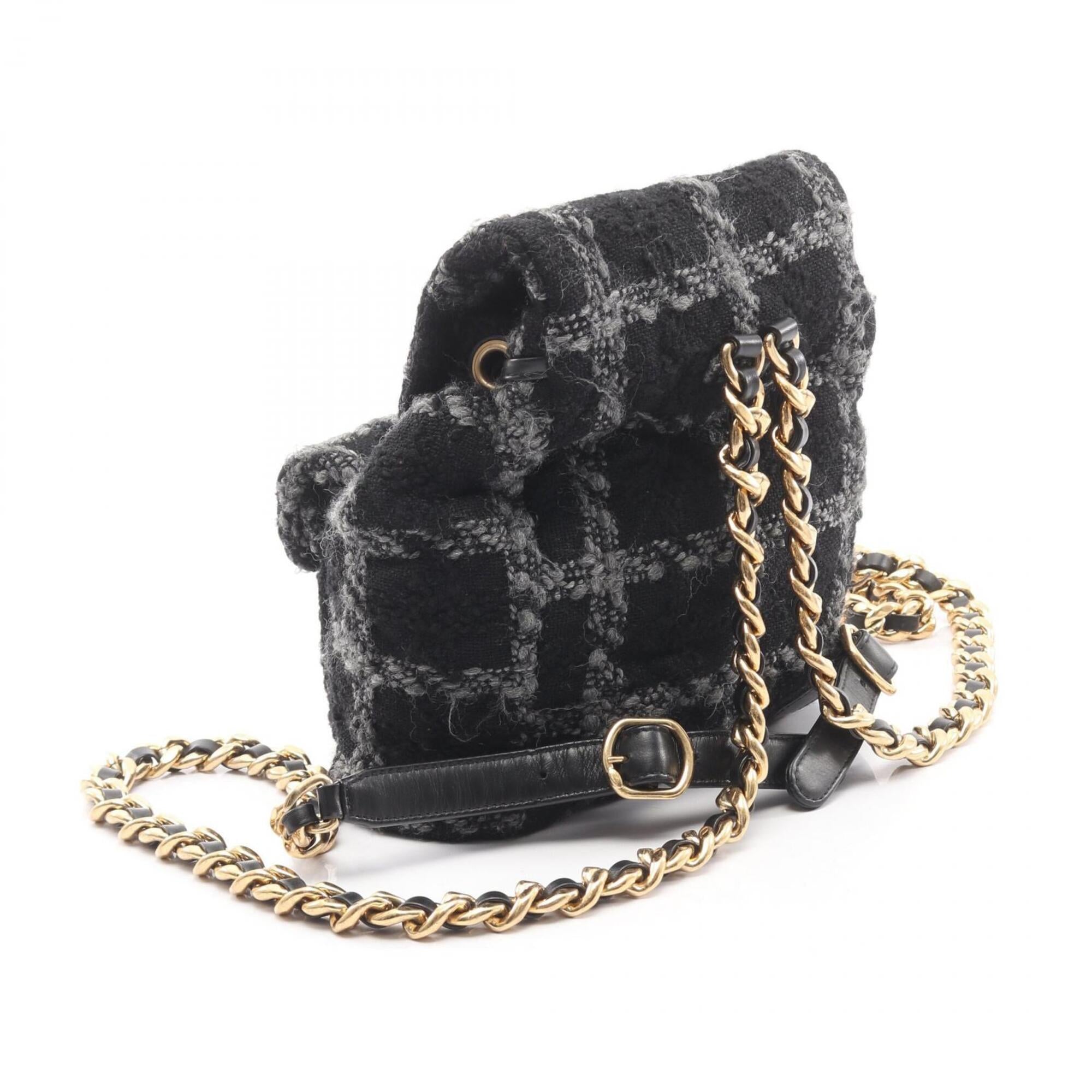 Chanel Black Gray Wool Backpack Handbag (Pre-Owned)