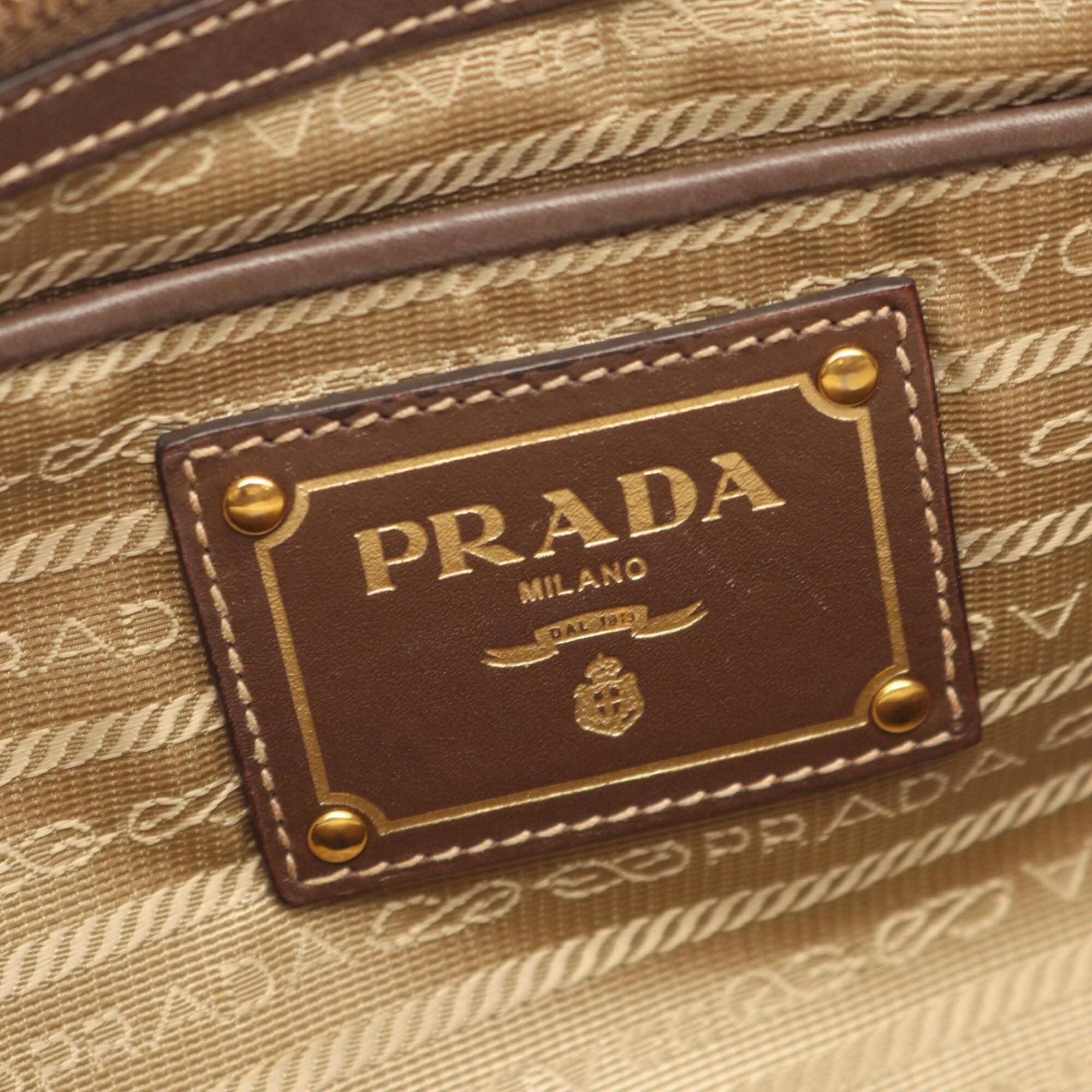 Prada Beige Brown Canvas Leather Handbag (Pre-Owned)