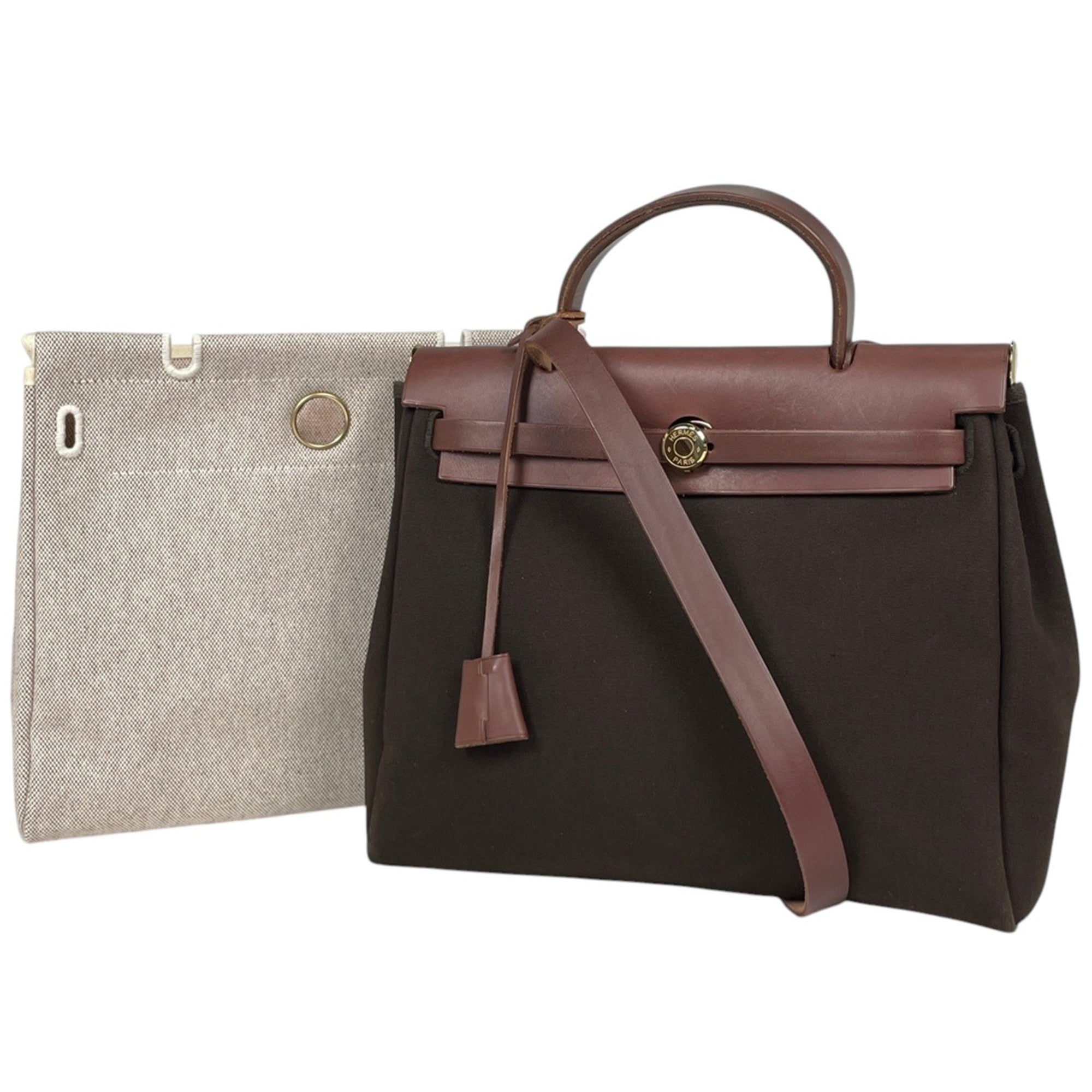 Hermes Her Bag Havane Toile Officier Toile H Vache Leather Handbag (Pre-Owned)