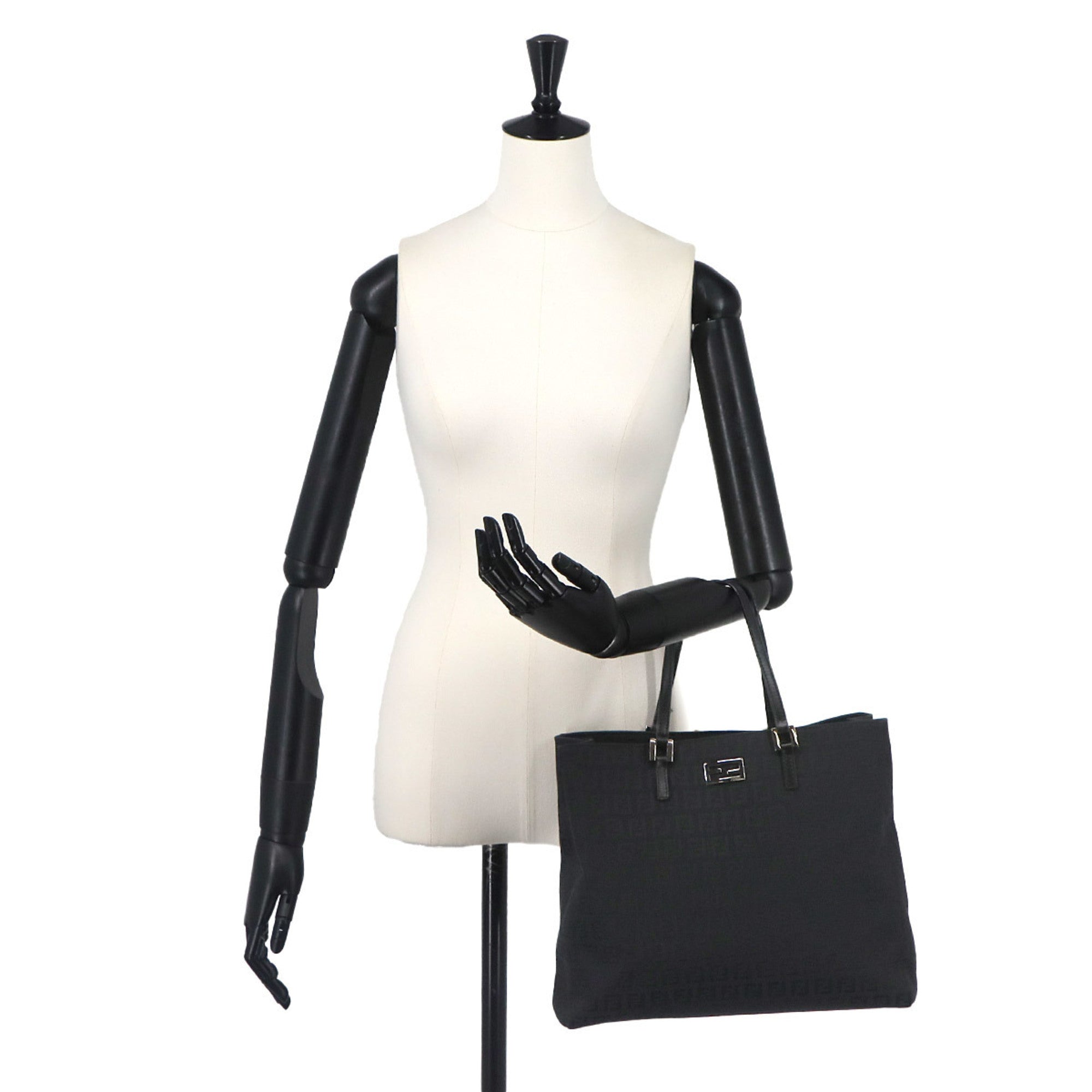 Fendi Zucchino Black Canvas Leather Handbag Tote Bag (Pre-Owned)