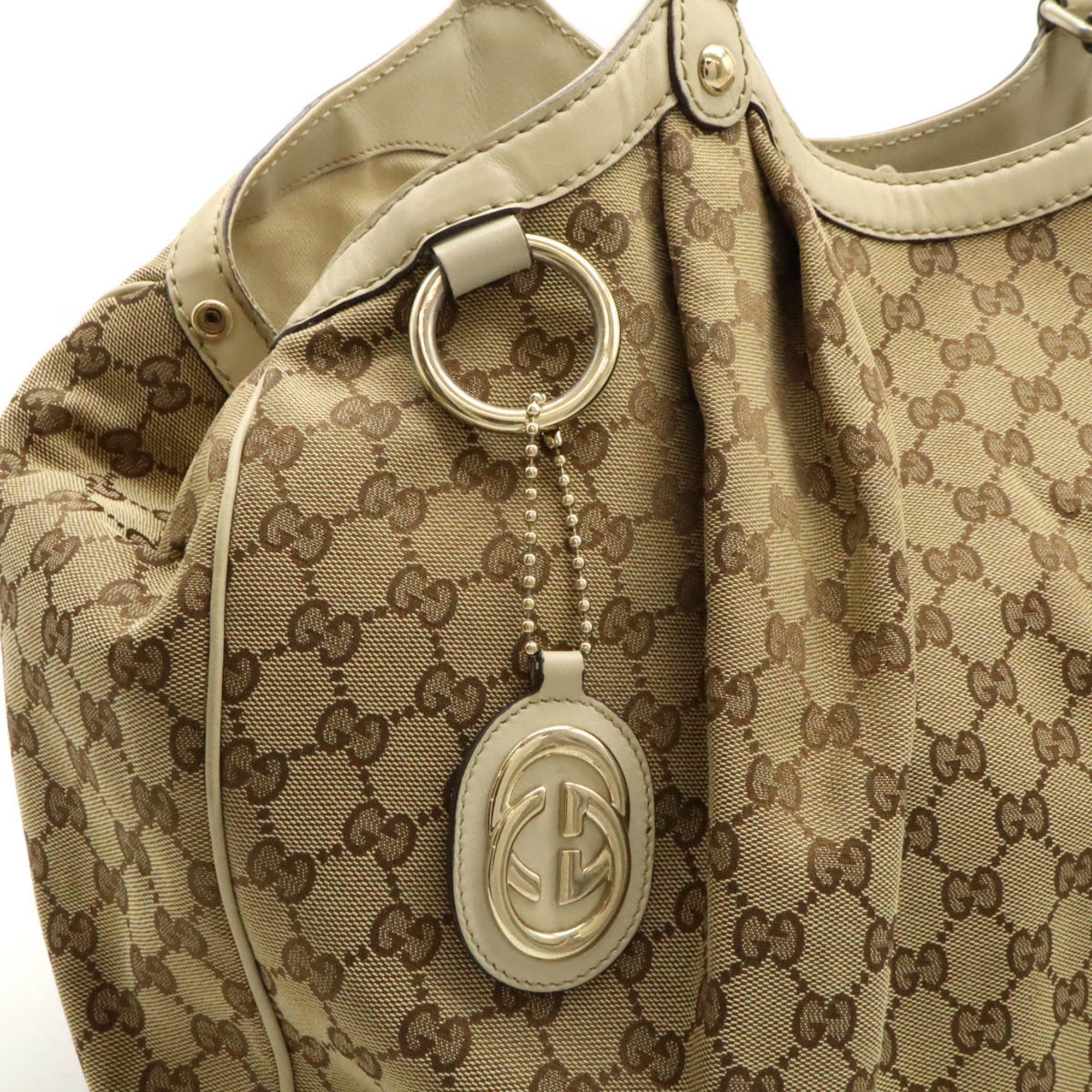 Gucci Beige Ivory Khaki Gg Canvas Leather Shoulder Bag Tote Bag (Pre-Owned)
