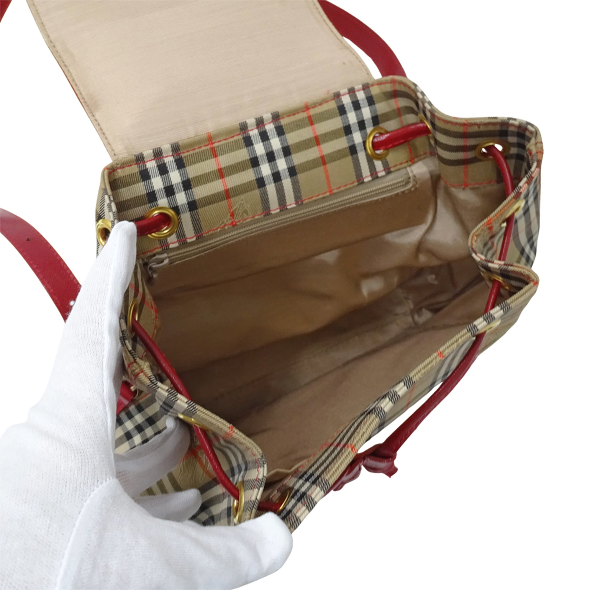 Burberry Beige Red Color Canvas Handbag (Pre-Owned)