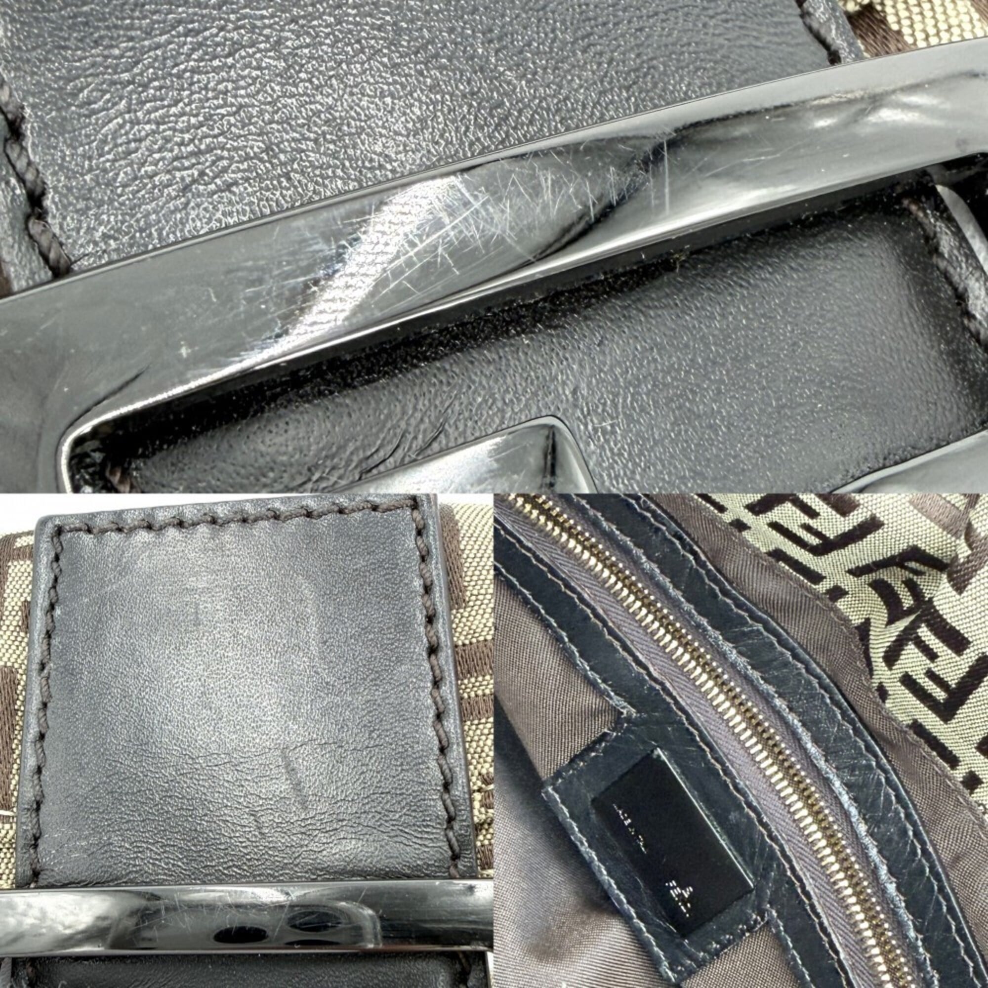 Fendi Beige Brown Gunmetal White Leather Canvas Handbag (Pre-Owned)