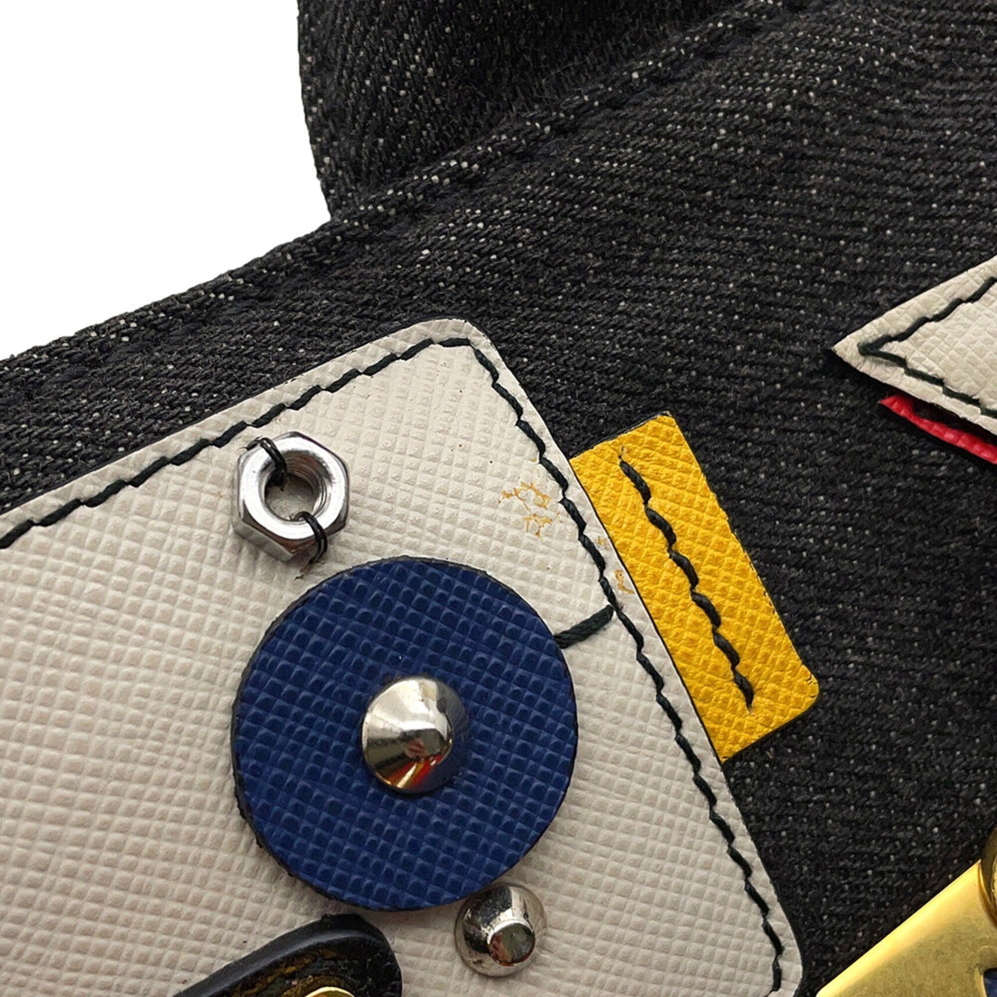 Prada Black Multi-Color Leather Denim Handbag Shoulder Bag Tote Bag (Pre-Owned)