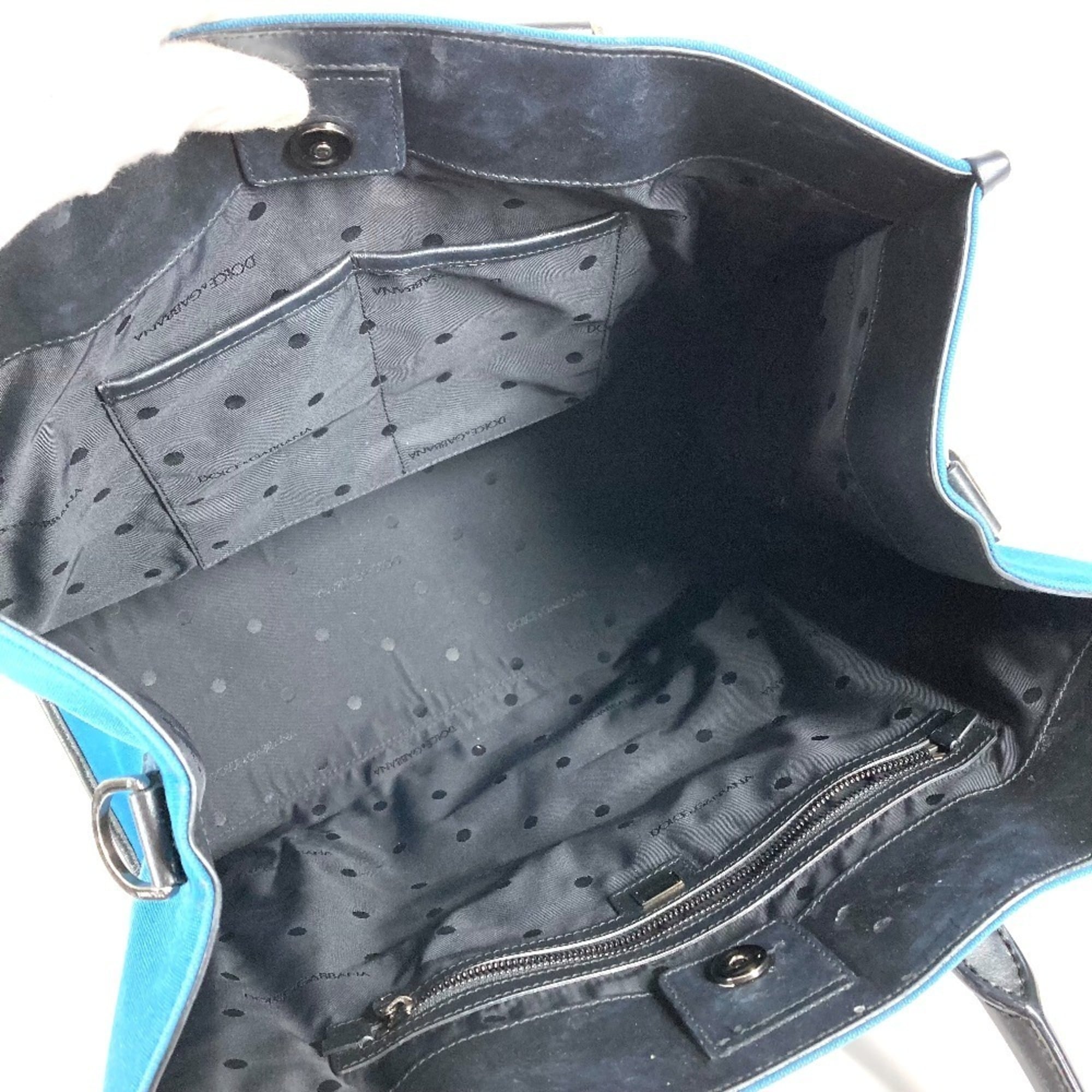 Dolce & Gabbana Black Blue Leather Canvas Shopping Bag Shoulder Bag Tote Bag (Pre-Owned)
